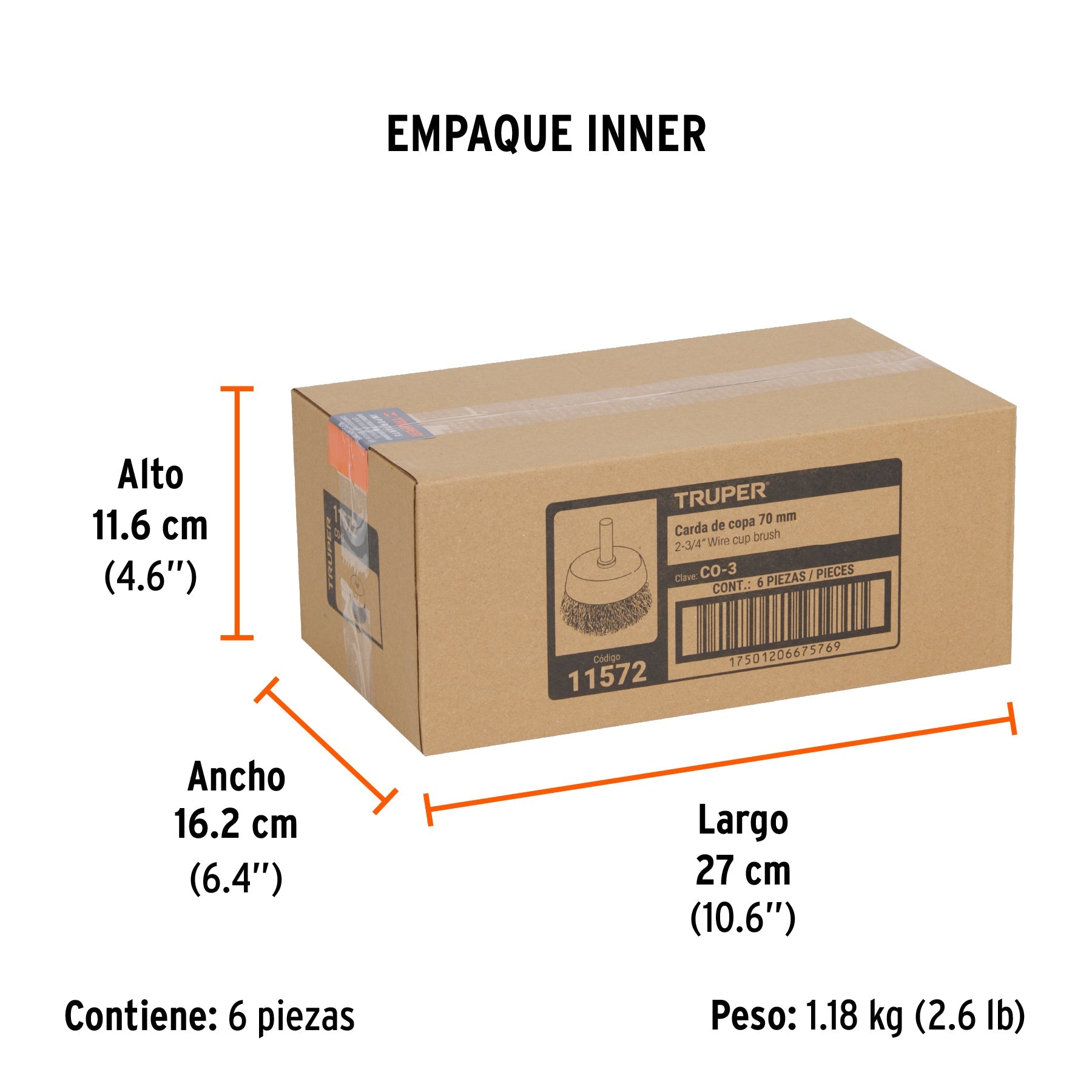 Carda de copa 2-3/4" alambre grueso para taladro, TRUPER - Empaque
