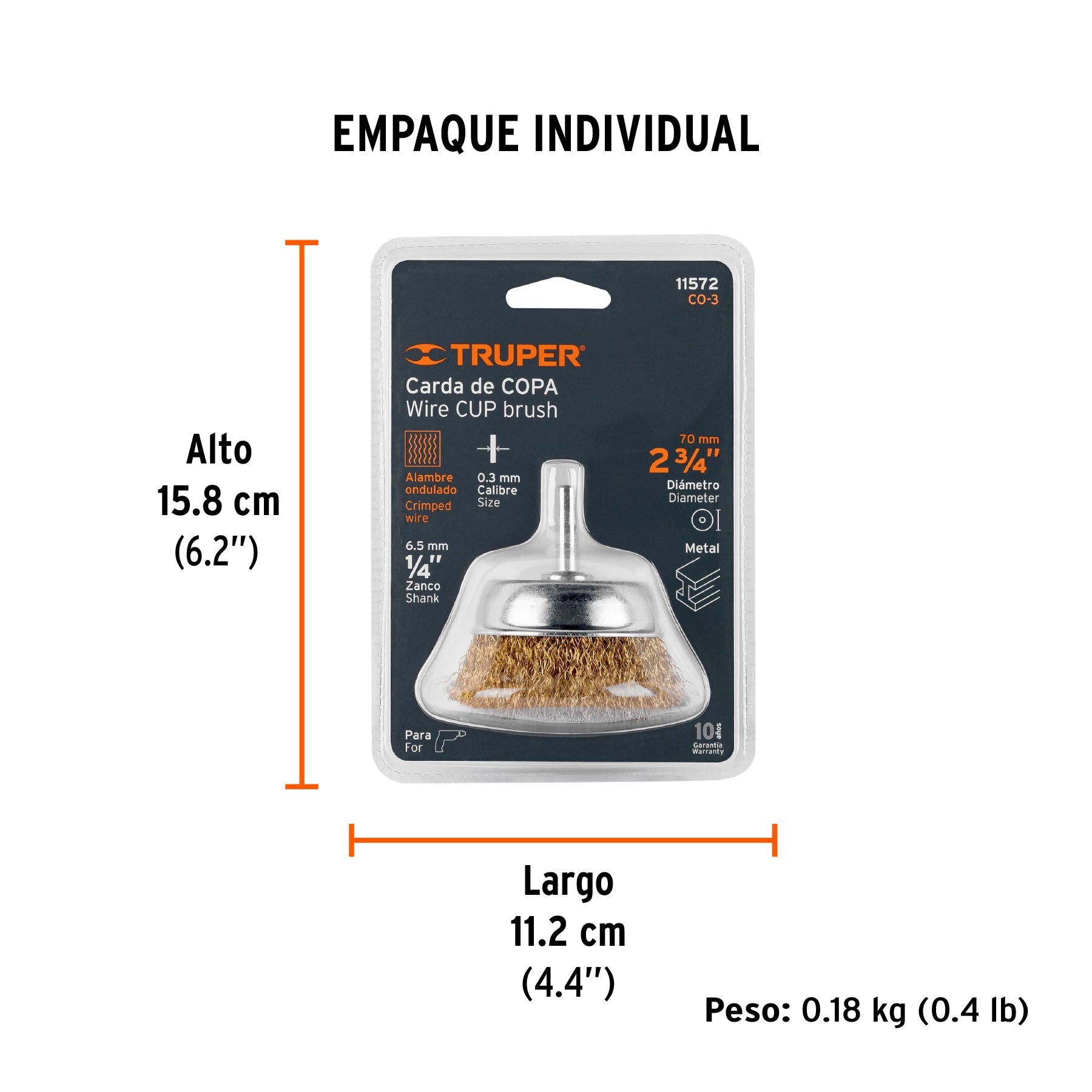 Carda de copa 2-3/4" alambre grueso para taladro, TRUPER - Empaque