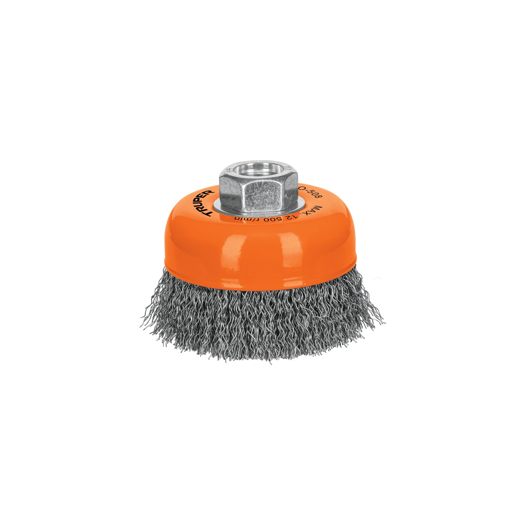 Carda copa 3" alambre ondulado fino, eje 5/8"-11, TRUPER