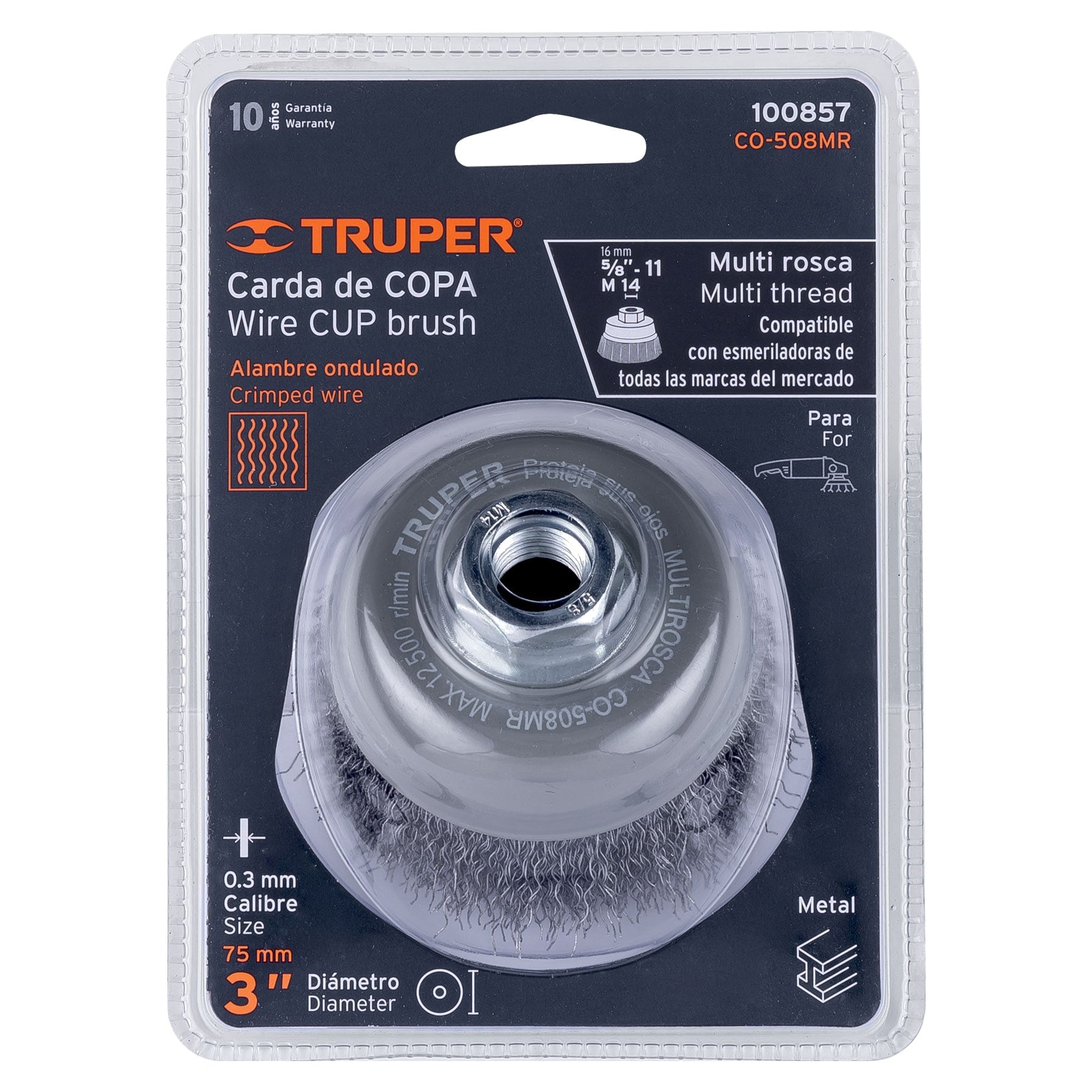 Carda copa 3" alambre ondulado fino, Multi-rosca, TRUPER