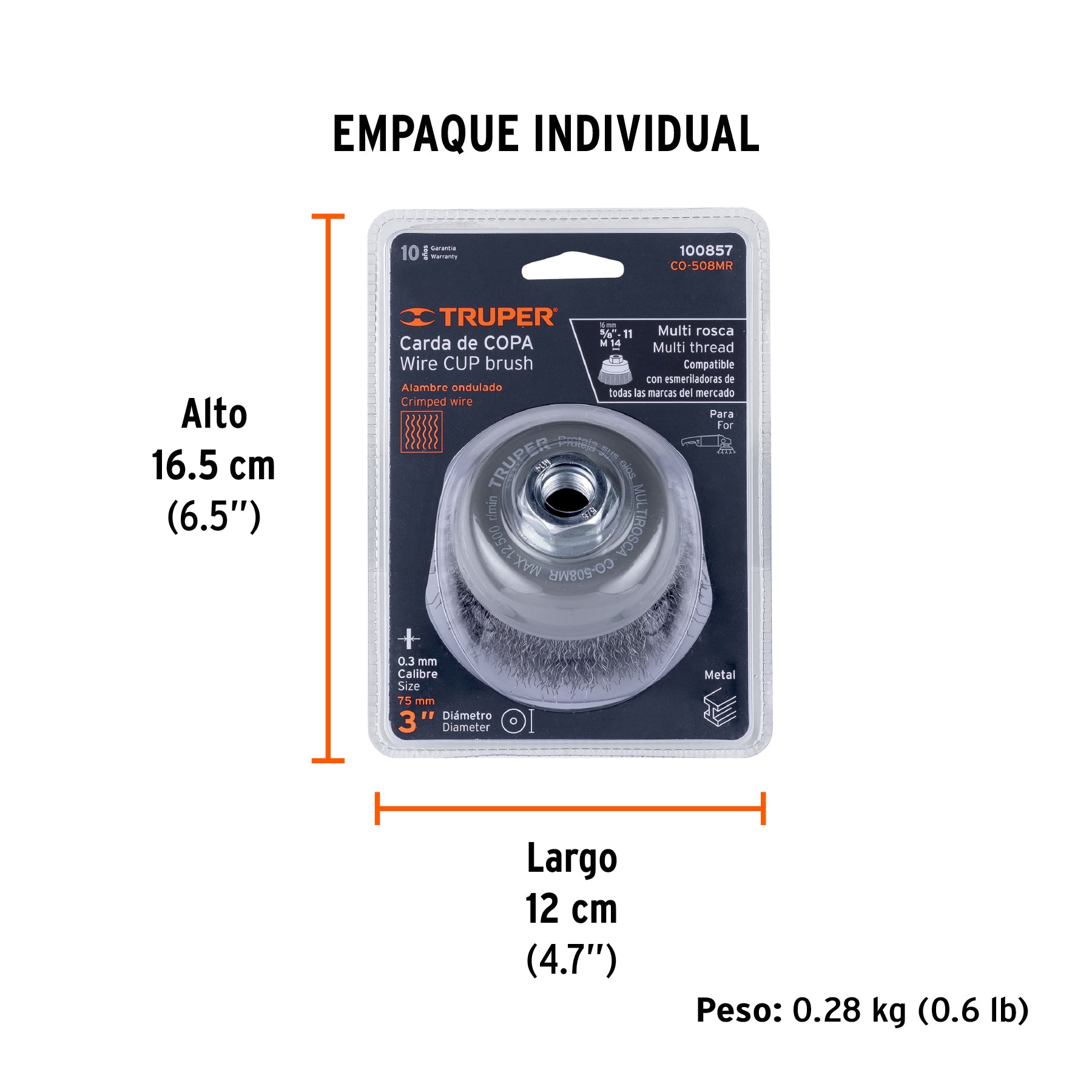 Carda copa 3" alambre ondulado fino, Multi-rosca, TRUPER - Empaque