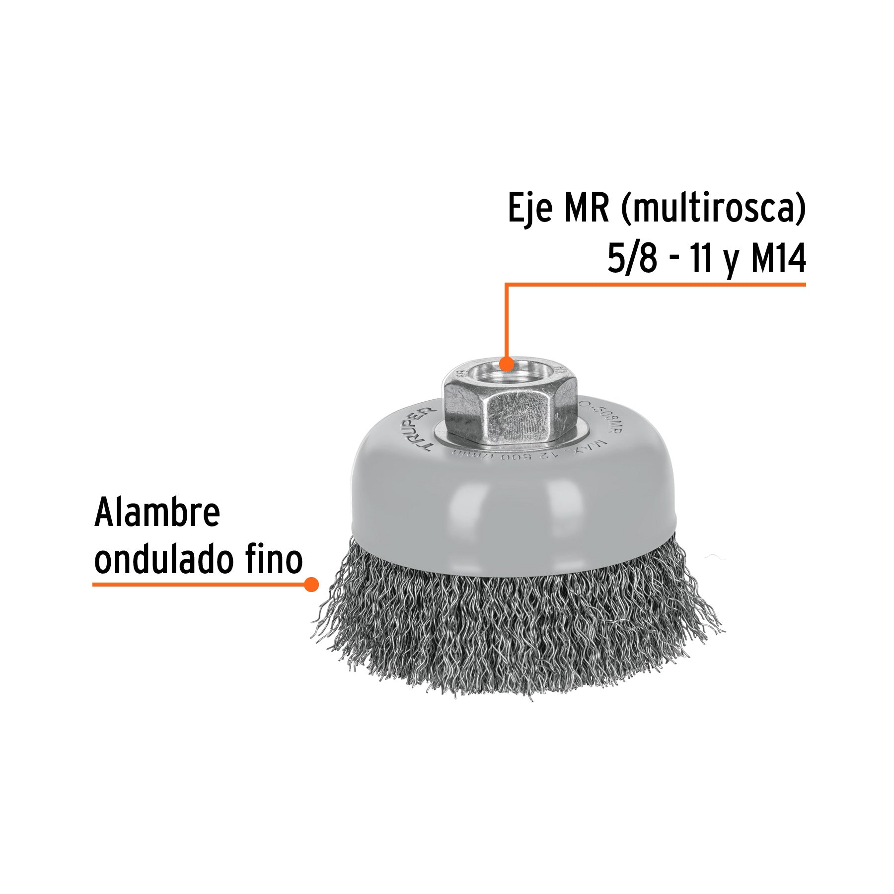 Carda copa 3" alambre ondulado fino, Multi-rosca, TRUPER