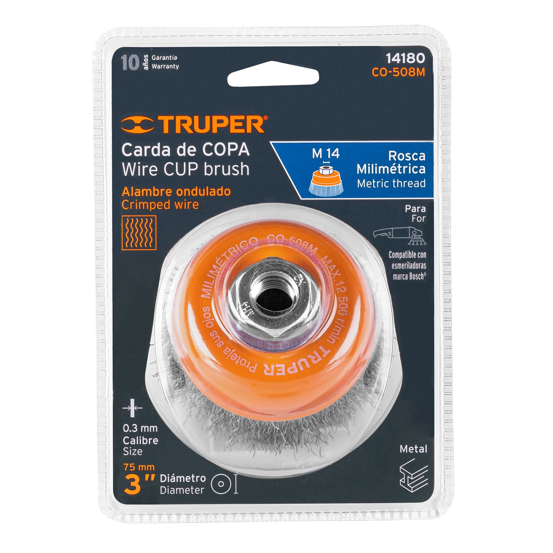 Carda copa 3" alambre ondulado fino, eje M14, TRUPER