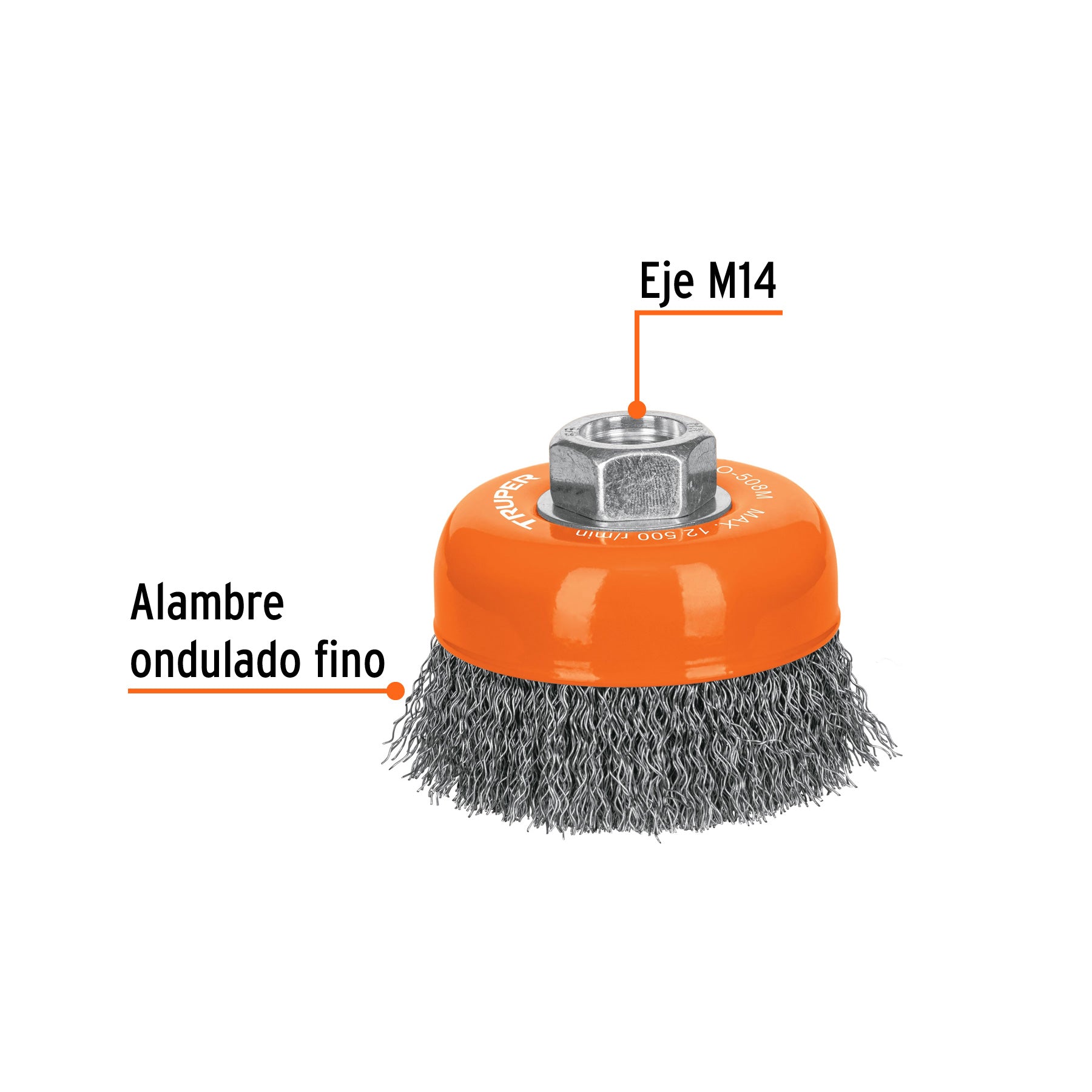 Carda copa 3" alambre ondulado fino, eje M14, TRUPER