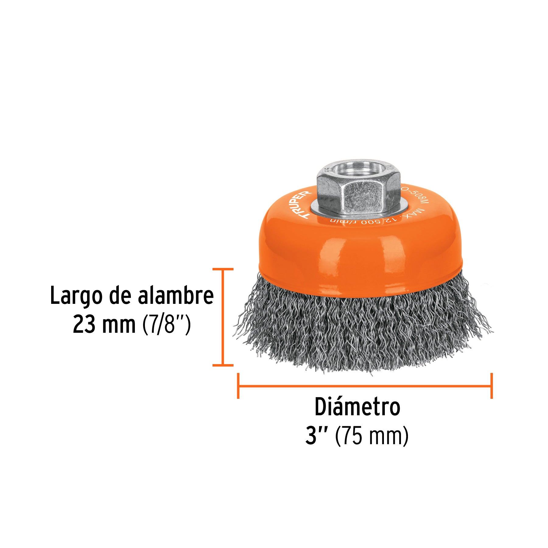 Carda copa 3" alambre ondulado fino, eje M14, TRUPER