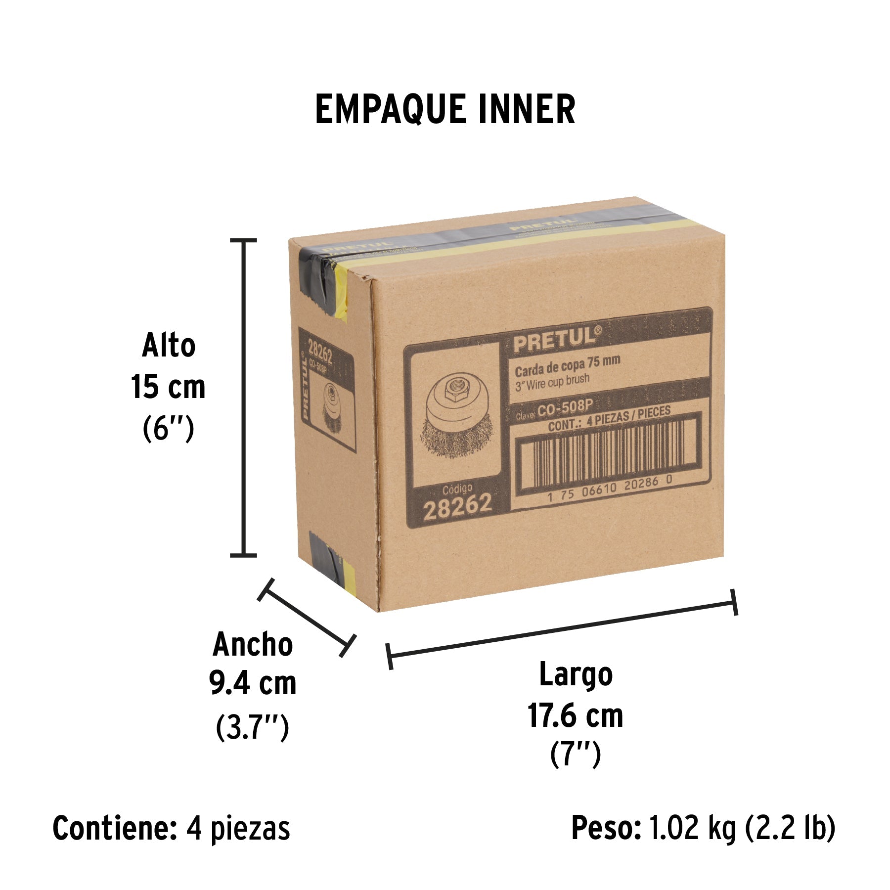 Carda copa 3" alambre ondulado fino, eje 5/8"-11, PRETUL - Empaque