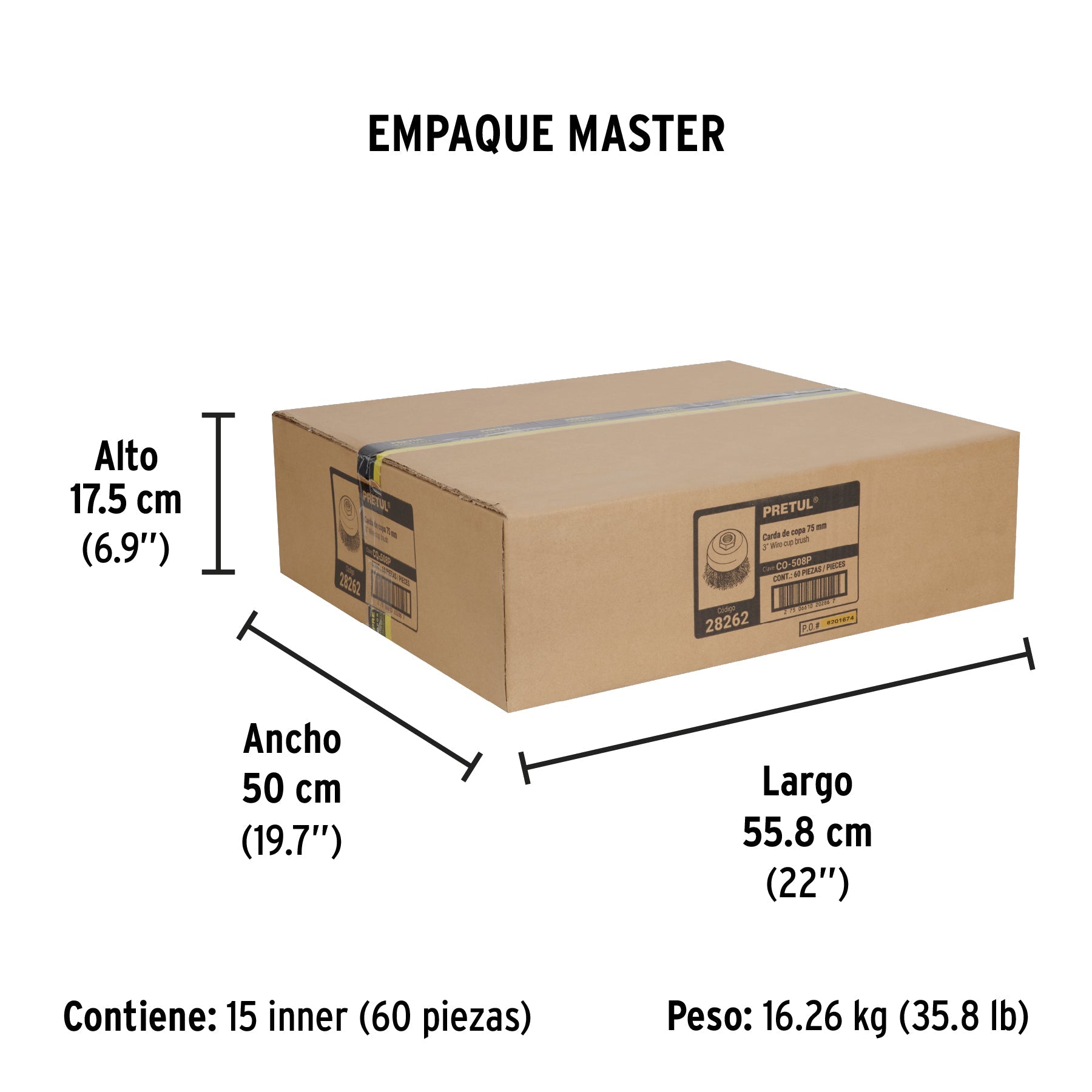 Carda copa 3" alambre ondulado fino, eje 5/8"-11, PRETUL - Empaque