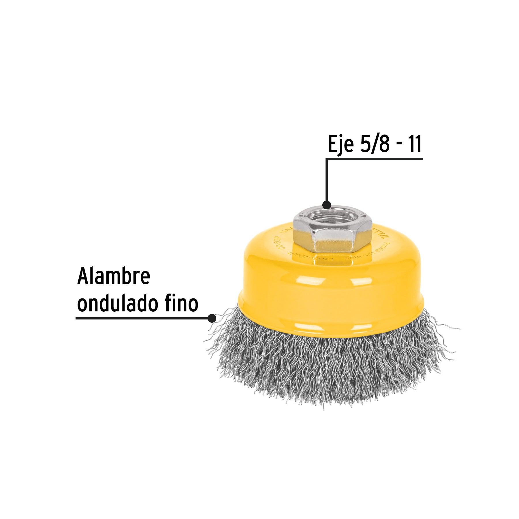 Carda copa 3" alambre ondulado fino, eje 5/8"-11, PRETUL