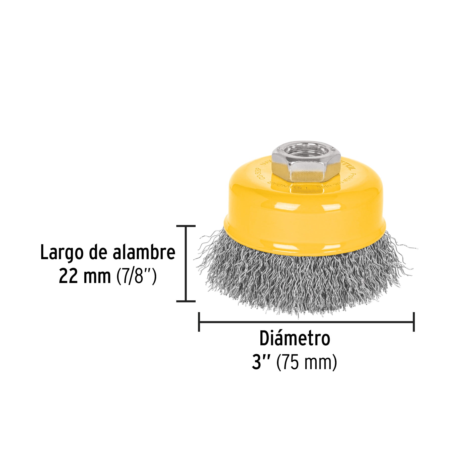 Carda copa 3" alambre ondulado fino, eje 5/8"-11, PRETUL