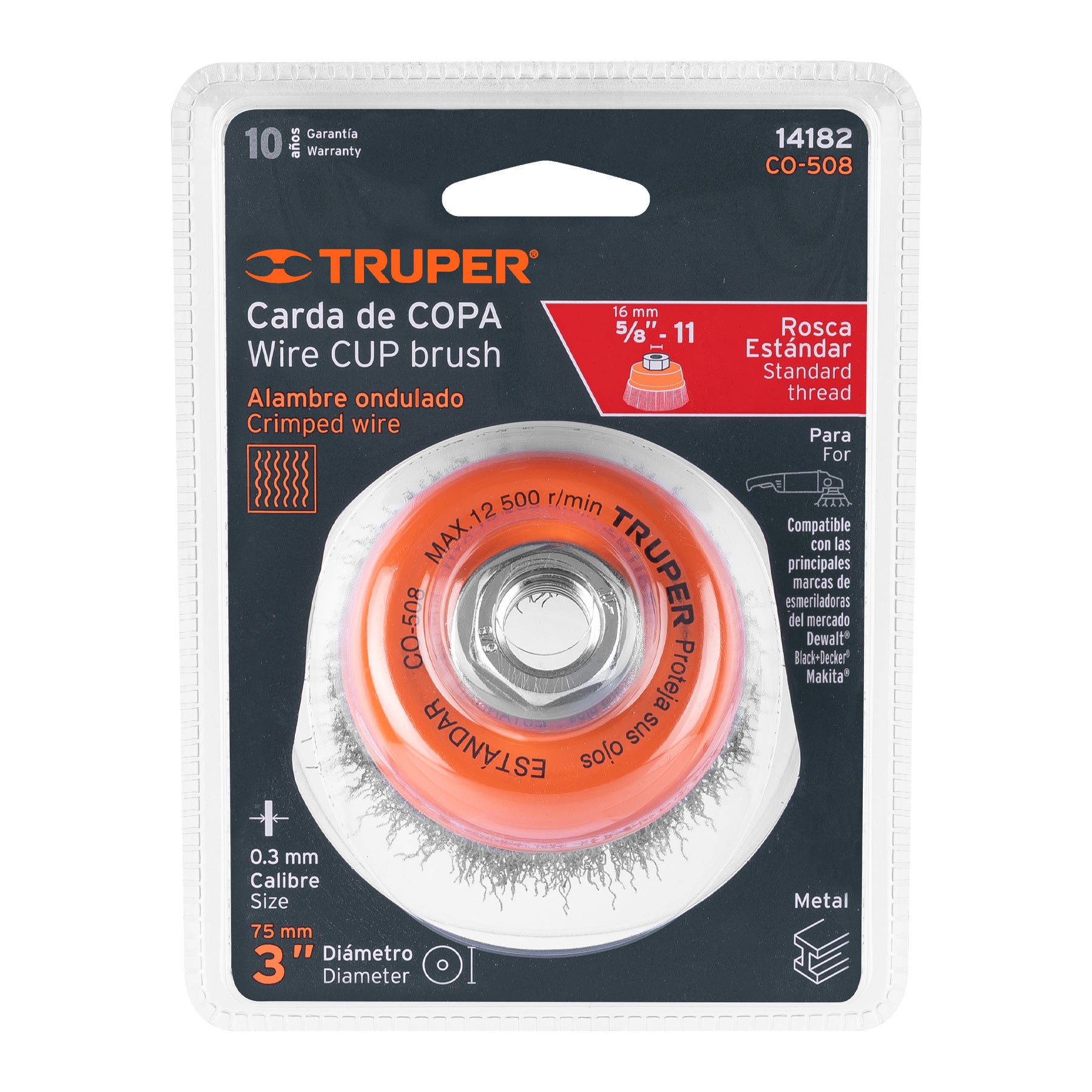 Carda copa 3" alambre ondulado fino, eje 5/8"-11, TRUPER