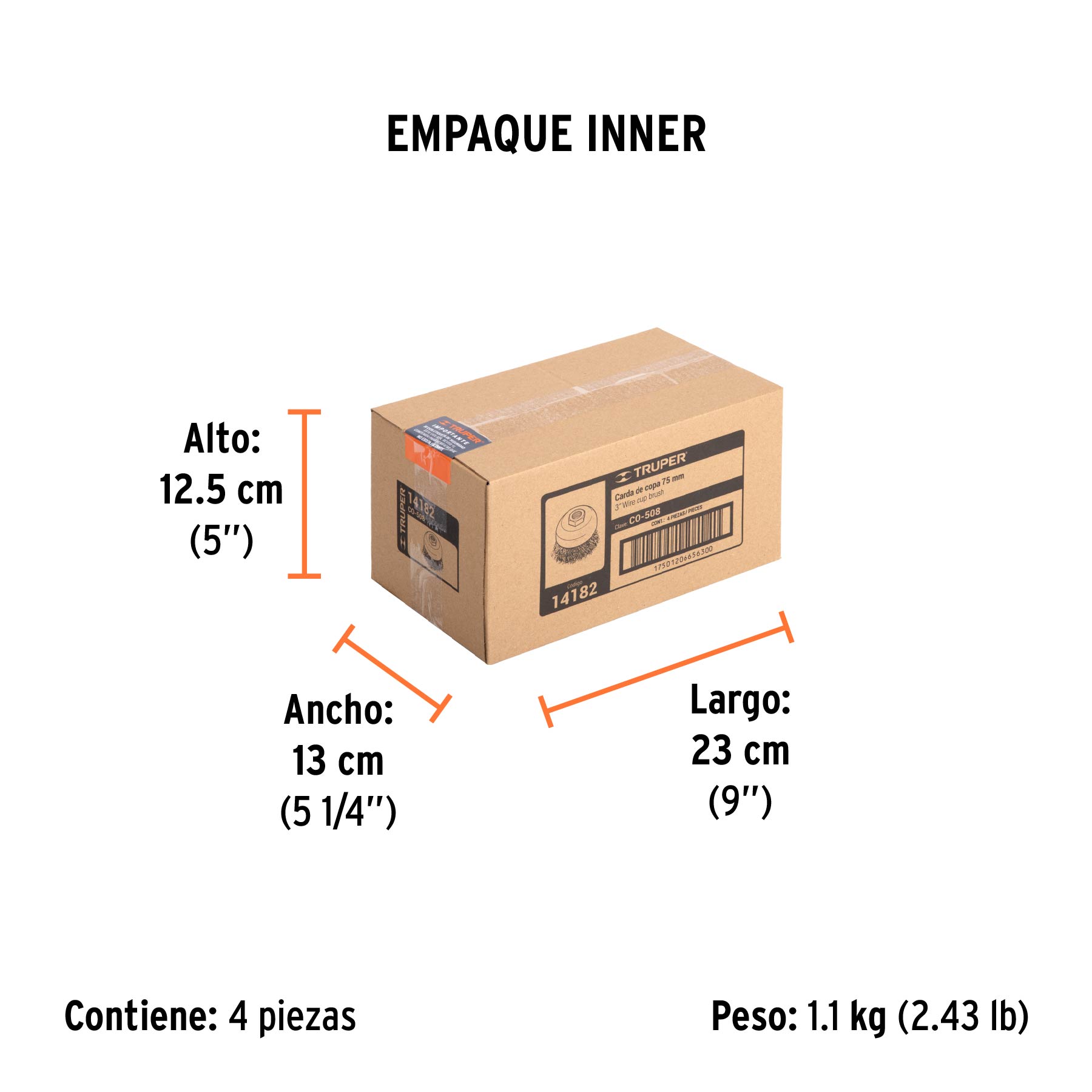Carda copa 3" alambre ondulado fino, eje 5/8"-11, TRUPER - Empaque