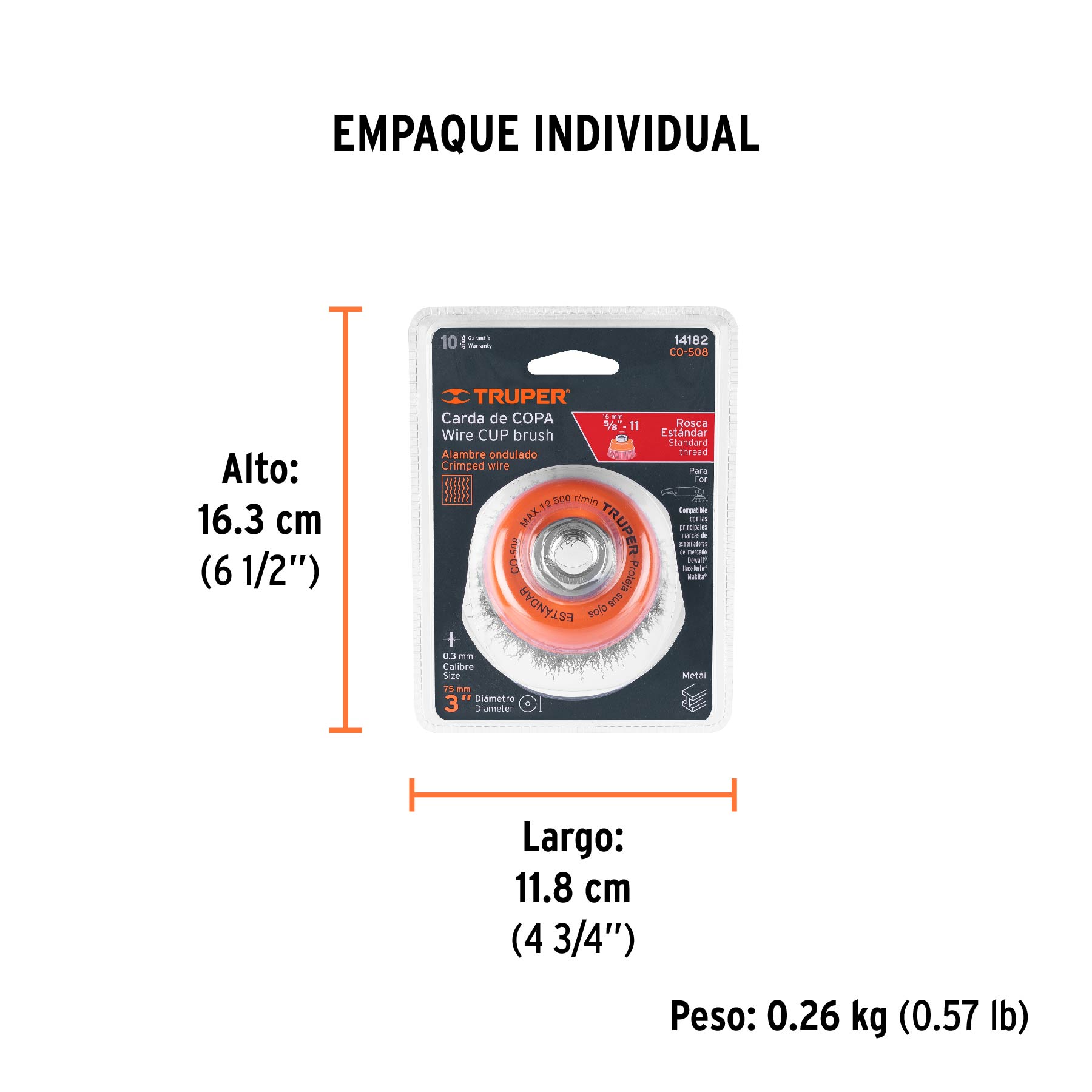 Carda copa 3" alambre ondulado fino, eje 5/8"-11, TRUPER - Empaque