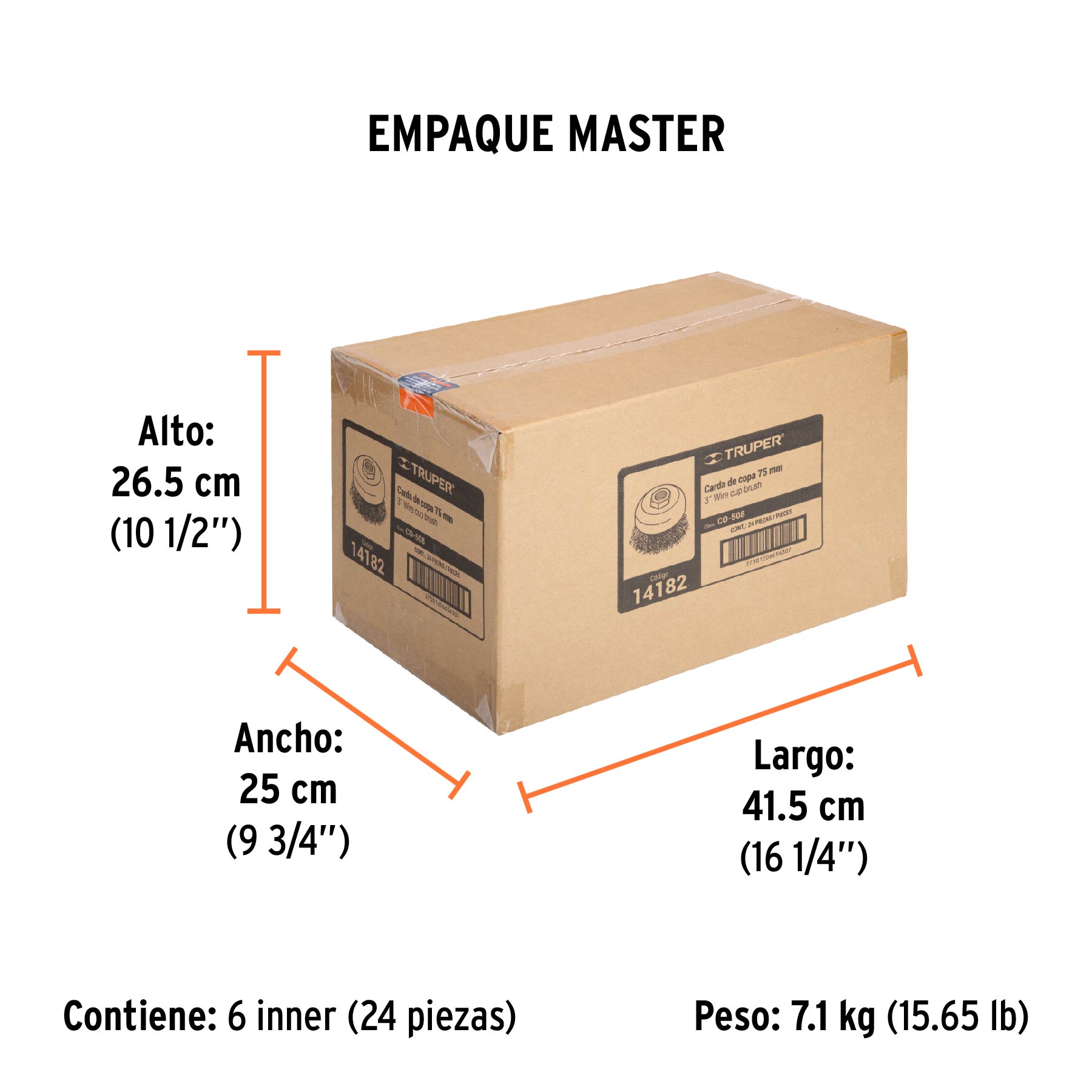 Carda copa 3" alambre ondulado fino, eje 5/8"-11, TRUPER - Empaque