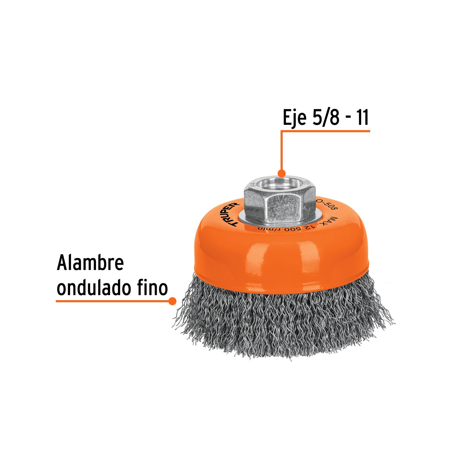 Carda copa 3" alambre ondulado fino, eje 5/8"-11, TRUPER