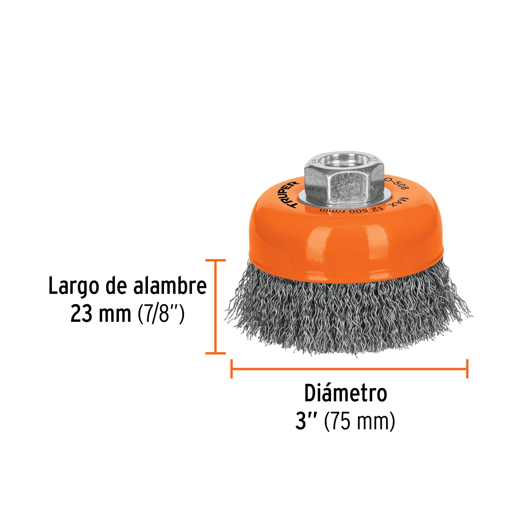 Carda copa 3" alambre ondulado fino, eje 5/8"-11, TRUPER