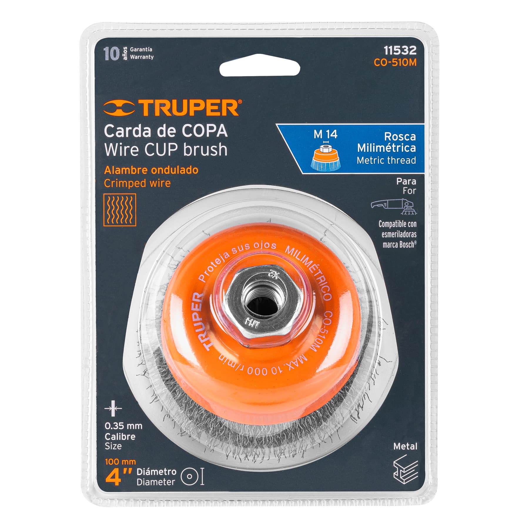 Carda copa 4" alambre ondulado fino, eje M14, TRUPER