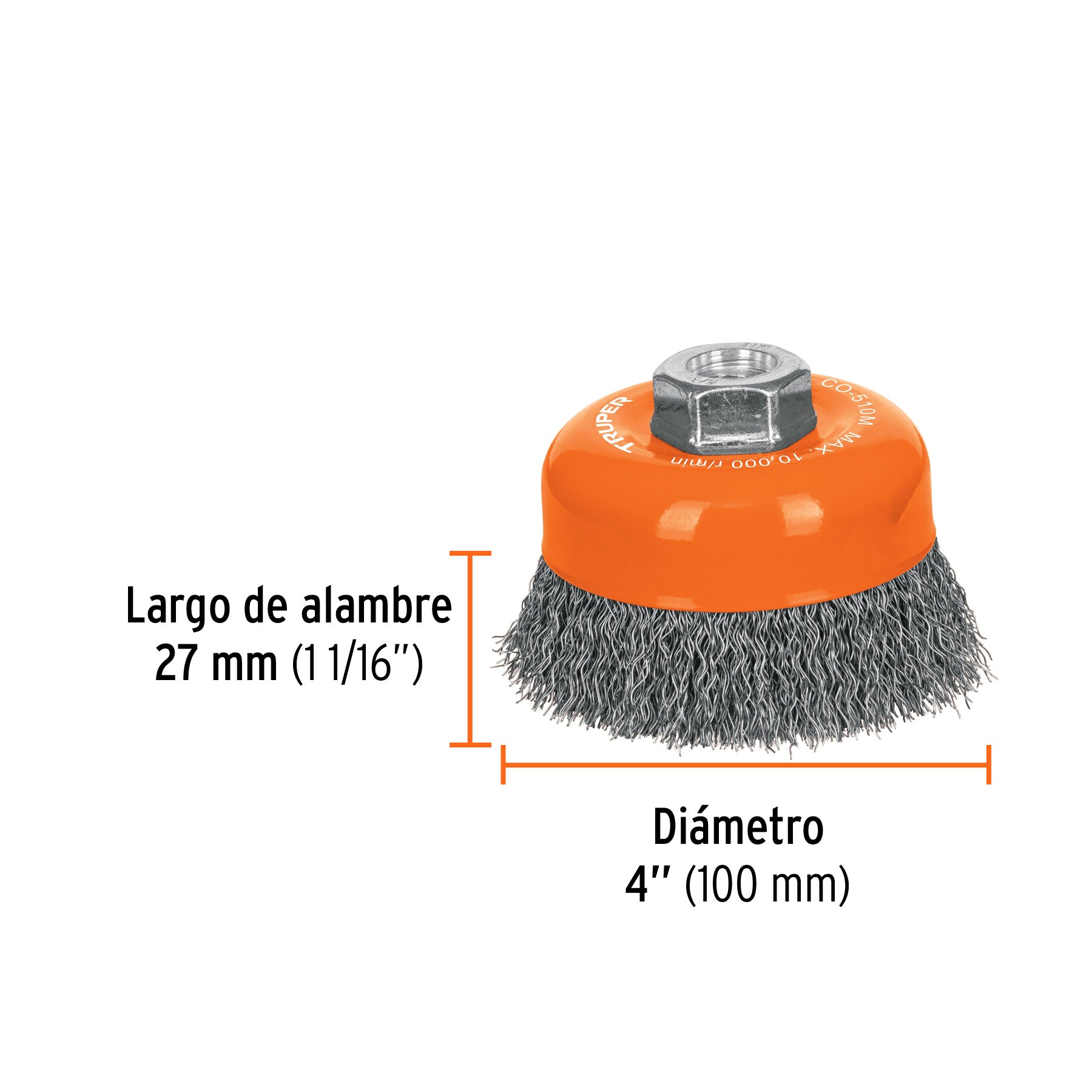 Carda copa 4" alambre ondulado fino, eje M14, TRUPER