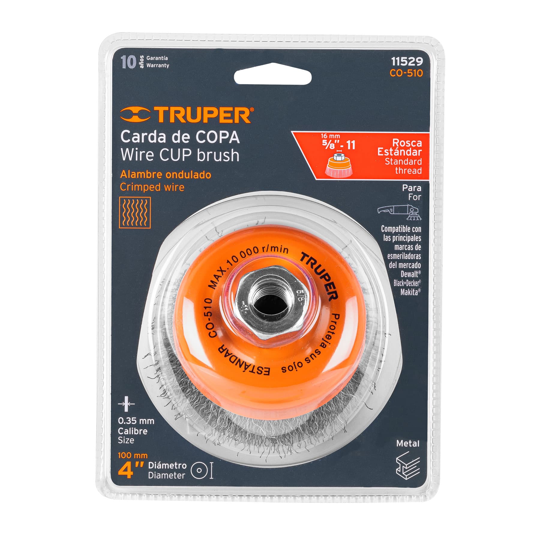 Carda copa 4" alambre ondulado fino, eje 5/8"-11, TRUPER