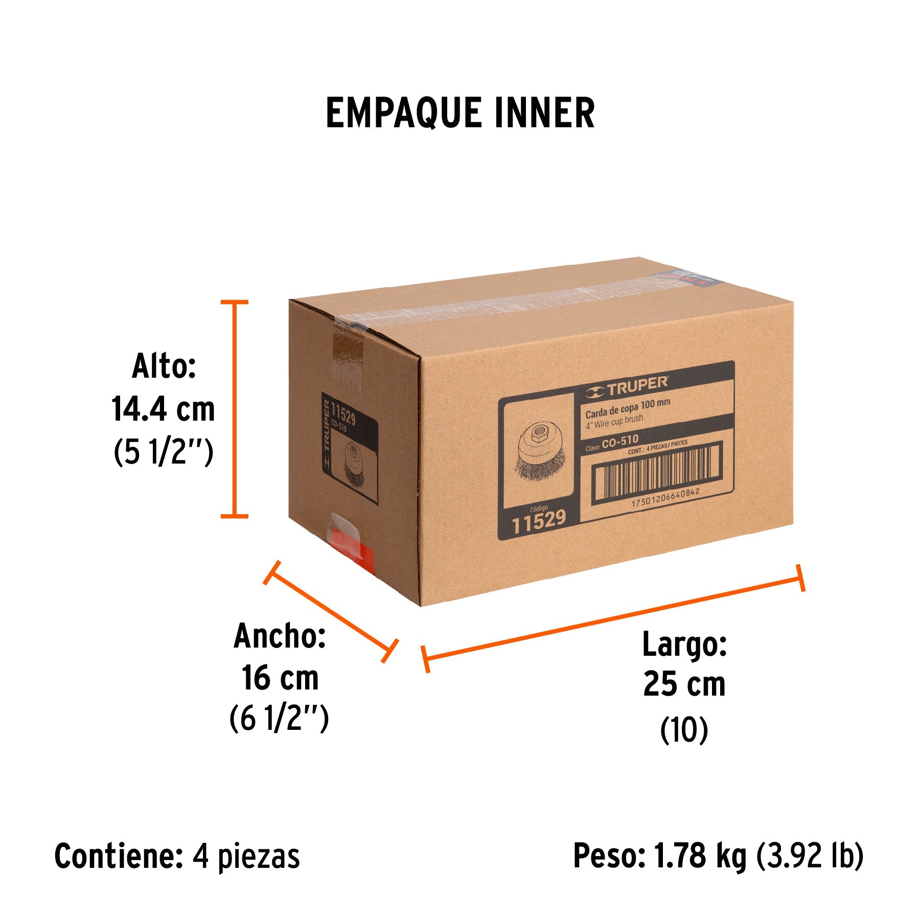 Carda copa 4" alambre ondulado fino, eje 5/8"-11, TRUPER - Empaque