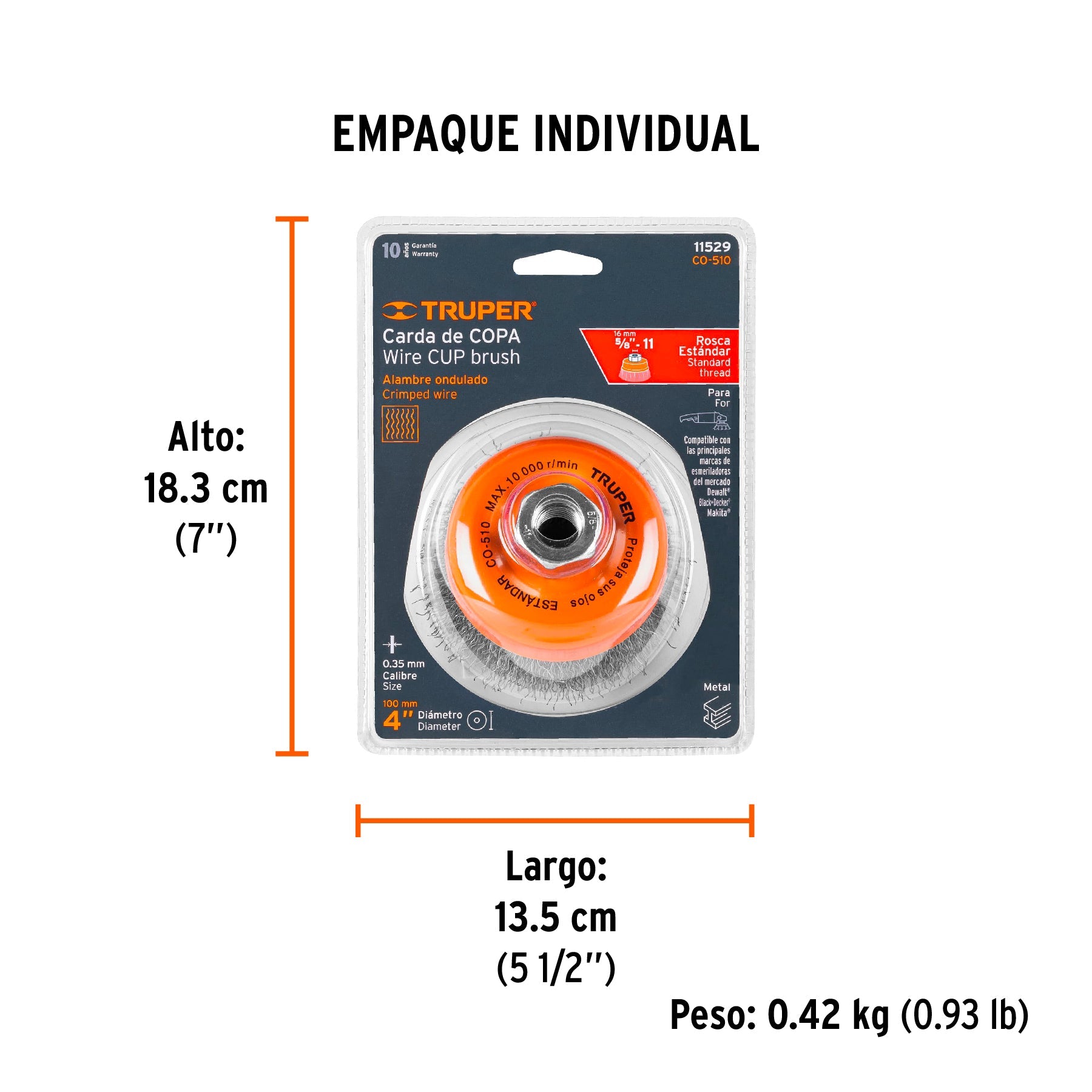 Carda copa 4" alambre ondulado fino, eje 5/8"-11, TRUPER - Empaque