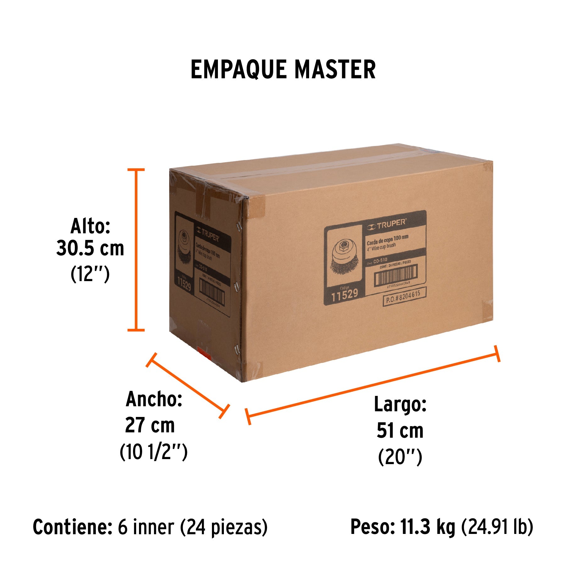 Carda copa 4" alambre ondulado fino, eje 5/8"-11, TRUPER - Empaque