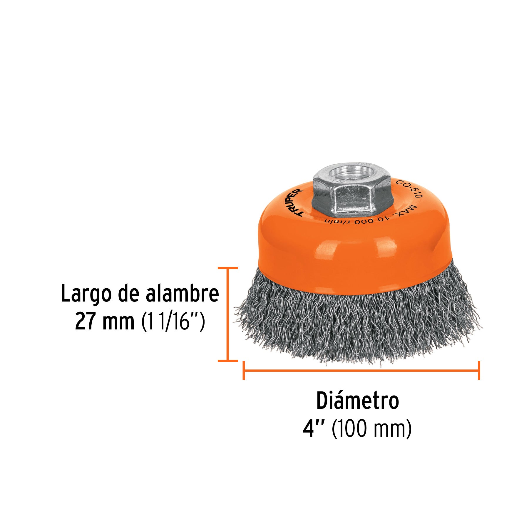 Carda copa 4" alambre ondulado fino, eje 5/8"-11, TRUPER