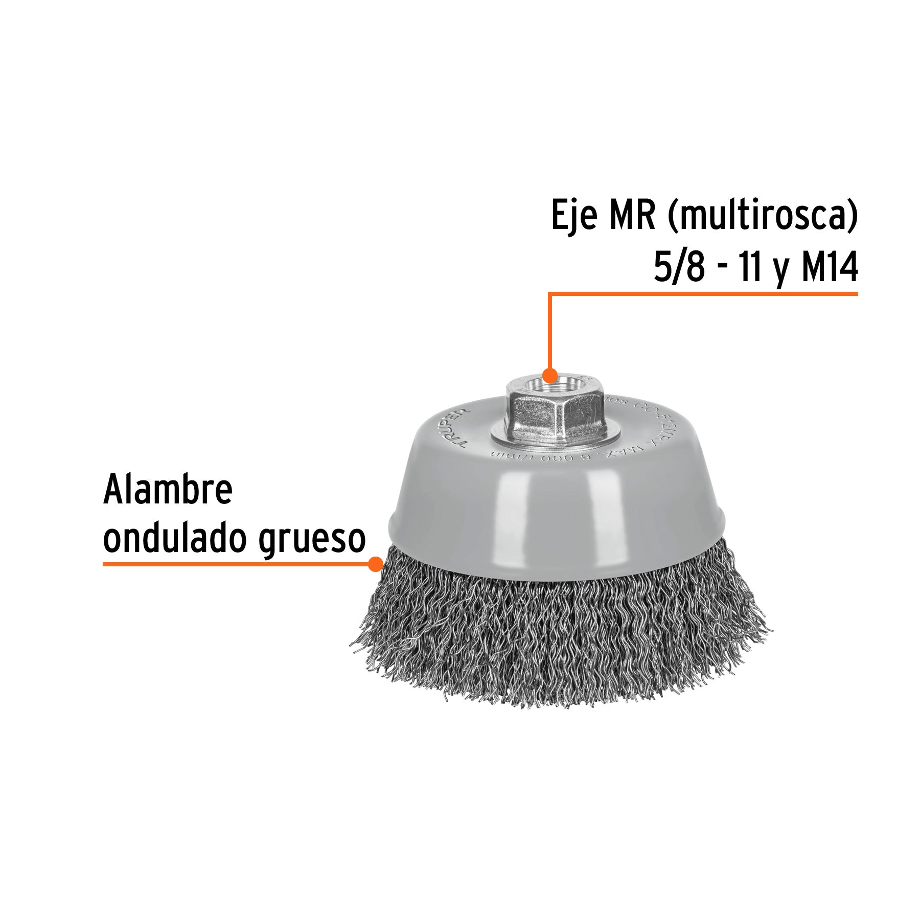 Carda copa 5" alambre ondulado grueso, Multi-rosca, TRUPER