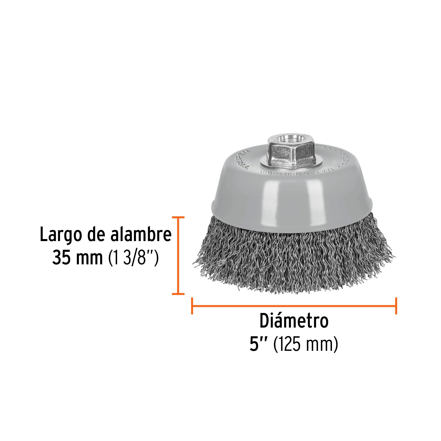 Carda copa 5" alambre ondulado grueso, Multi-rosca, TRUPER