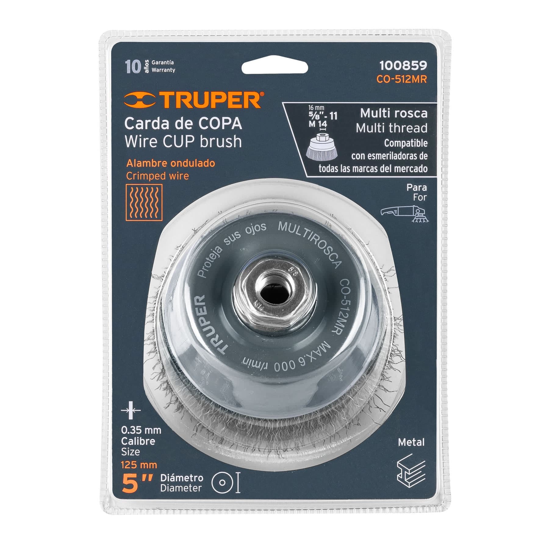 Carda copa 5" alambre ondulado fino, Multi-rosca, TRUPER