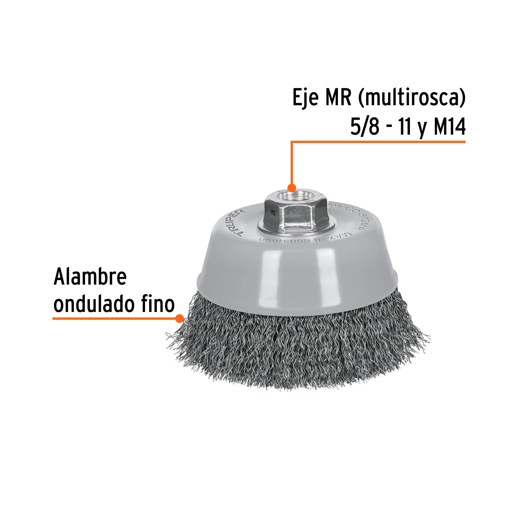 Carda copa 5" alambre ondulado fino, Multi-rosca, TRUPER