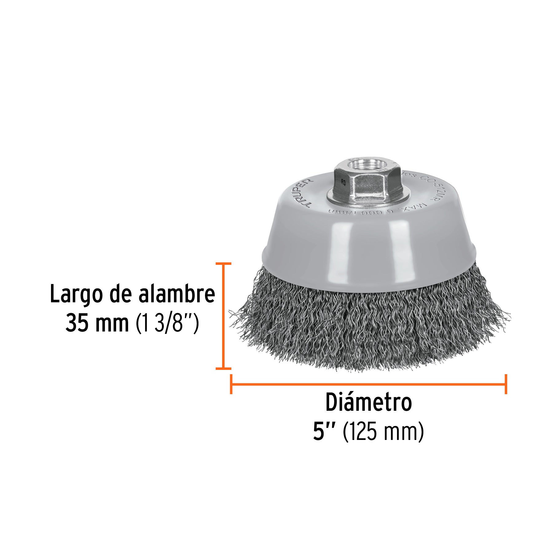 Carda copa 5" alambre ondulado fino, Multi-rosca, TRUPER