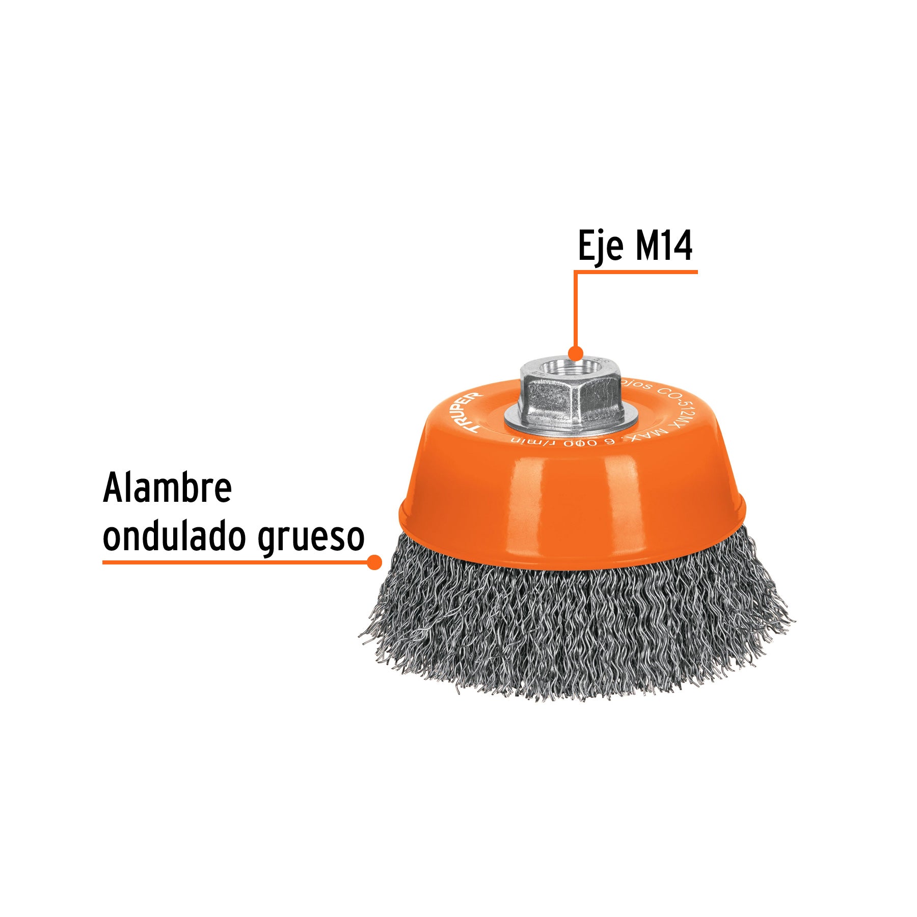 Carda copa 5" alambre ondulado grueso, eje M14, TRUPER