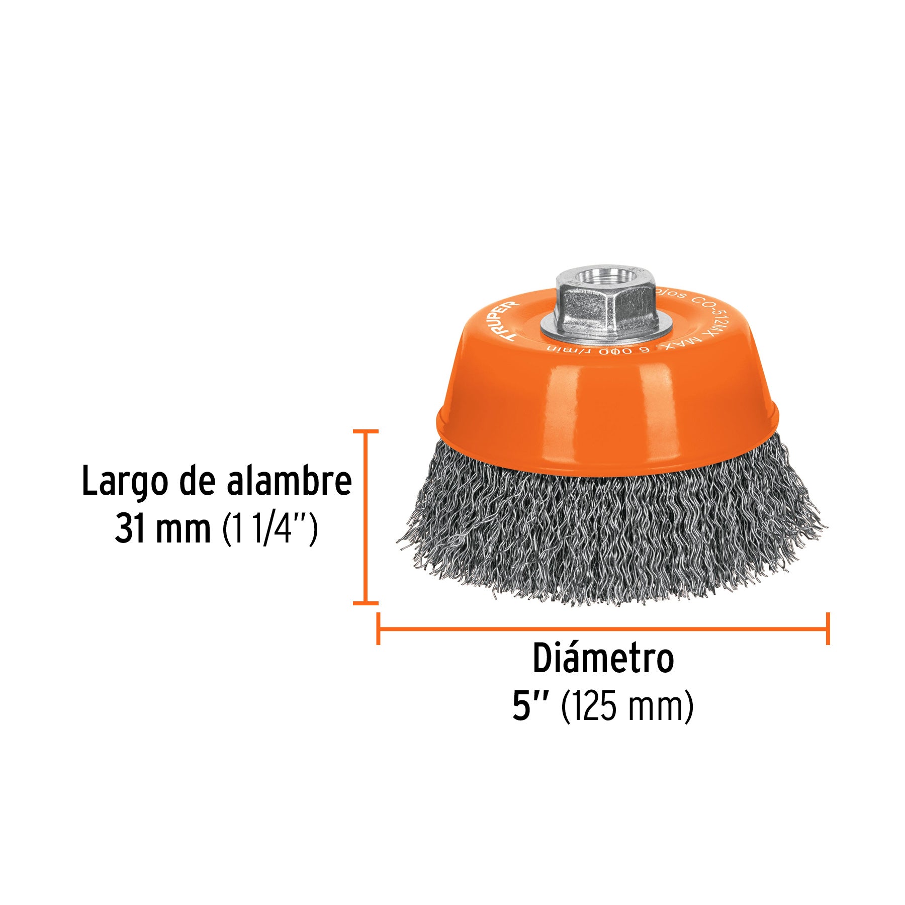 Carda copa 5" alambre ondulado grueso, eje M14, TRUPER