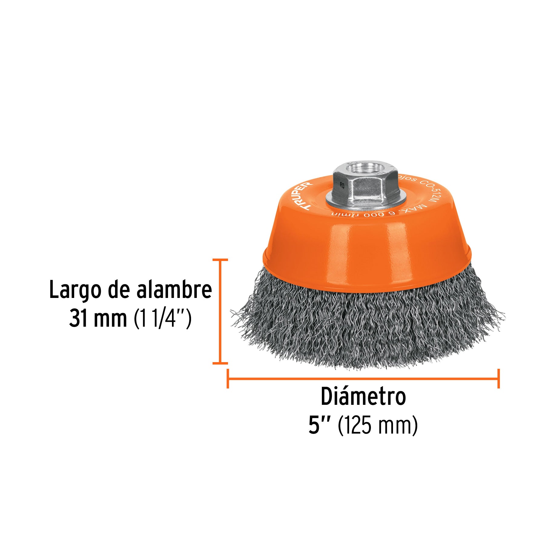Carda copa 5" alambre ondulado fino, eje M14, TRUPER