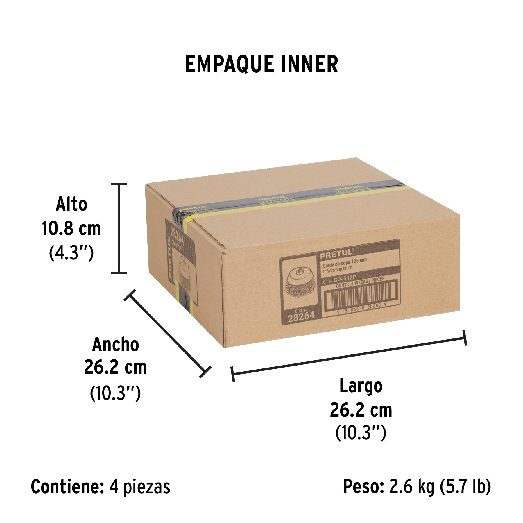 Carda copa 5" alambre ondulado fino, eje 5/8"-11, PRETUL - Empaque