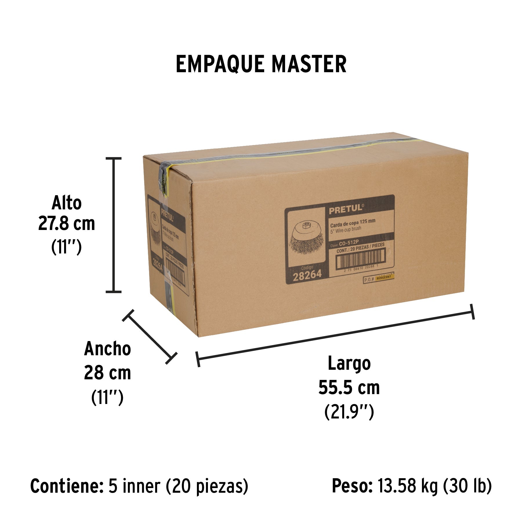 Carda copa 5" alambre ondulado fino, eje 5/8"-11, PRETUL - Empaque