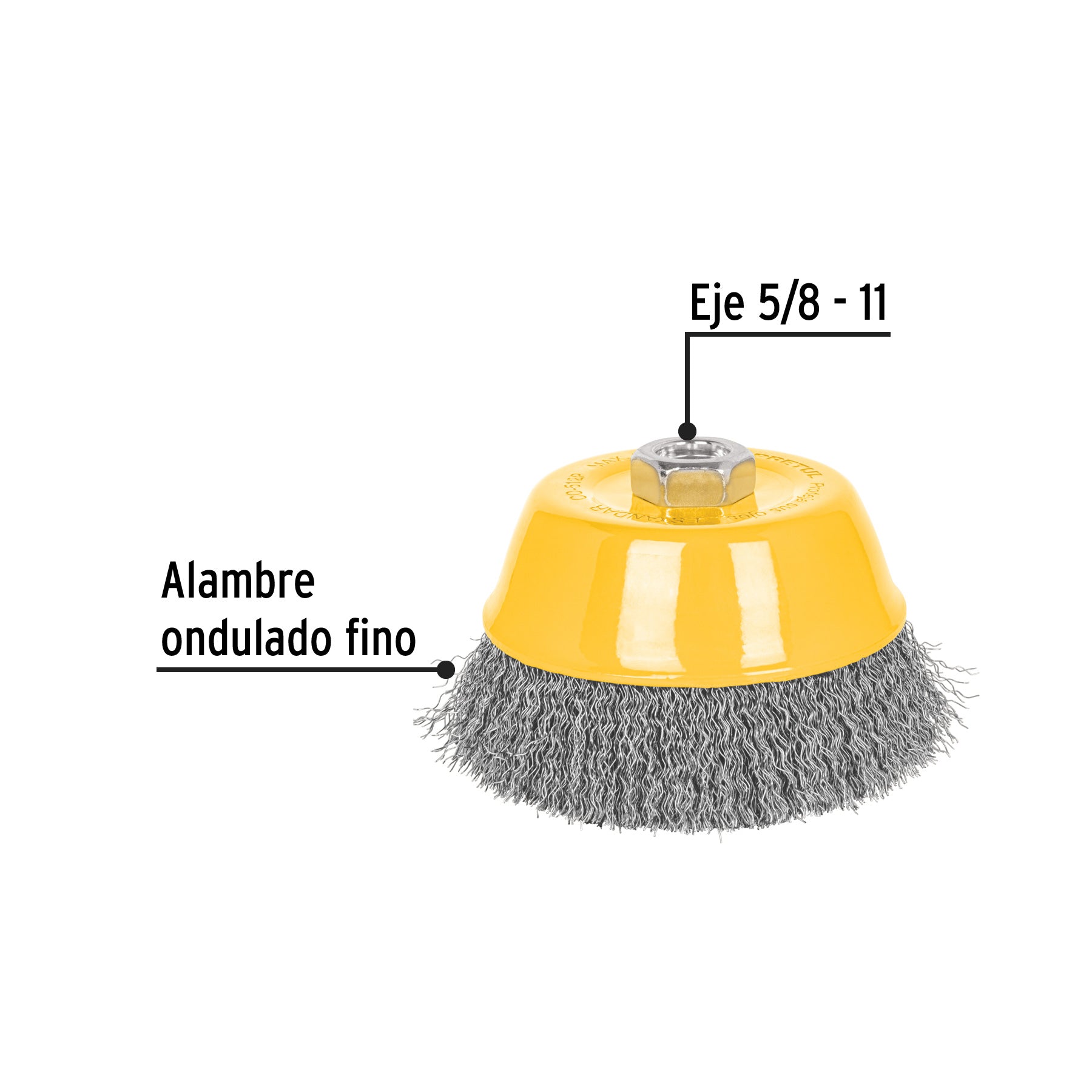 Carda copa 5" alambre ondulado fino, eje 5/8"-11, PRETUL