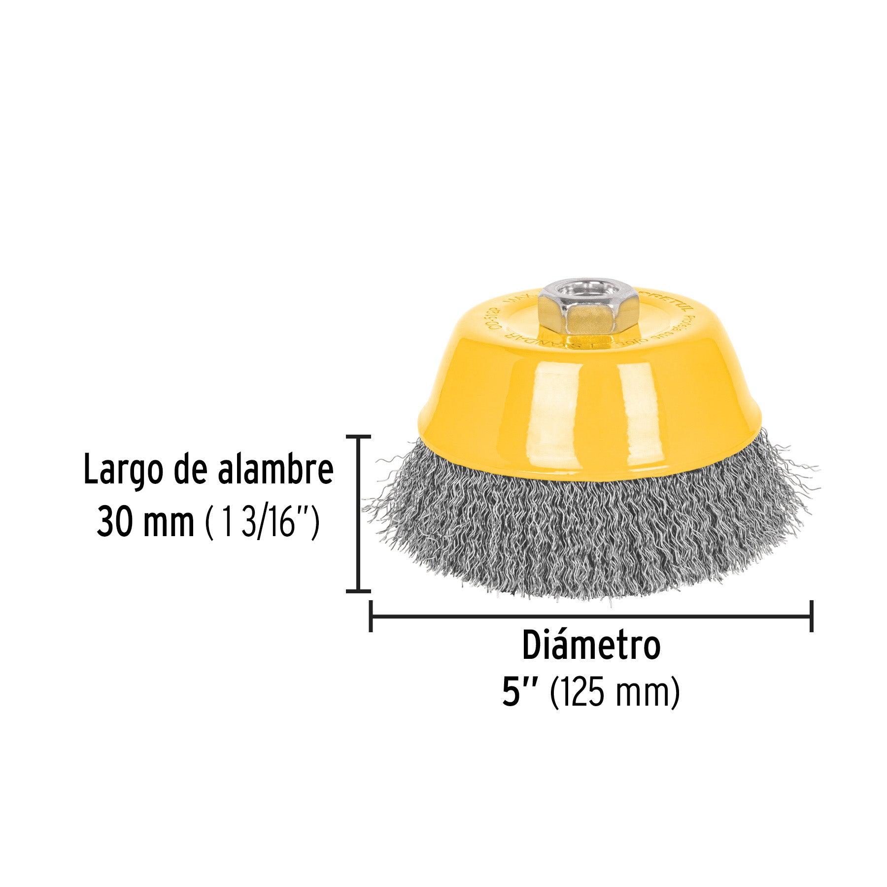 Carda copa 5" alambre ondulado fino, eje 5/8"-11, PRETUL