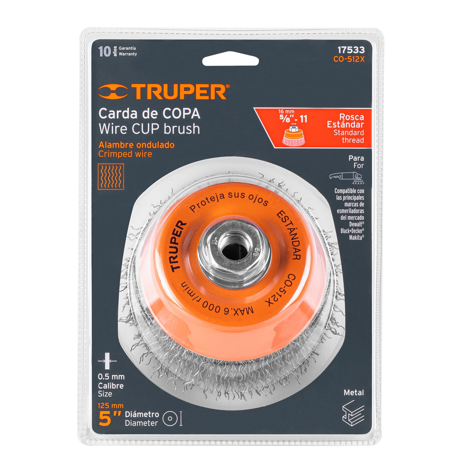 Carda copa 5" alambre ondulado grueso, eje 5/8"-11, TRUPER