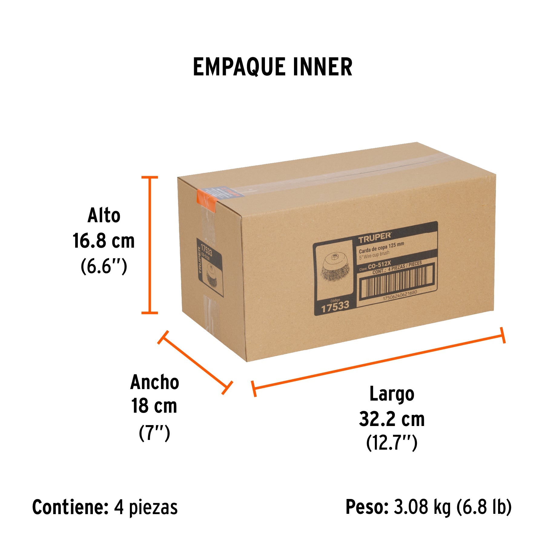 Carda copa 5" alambre ondulado grueso, eje 5/8"-11, TRUPER - Empaque