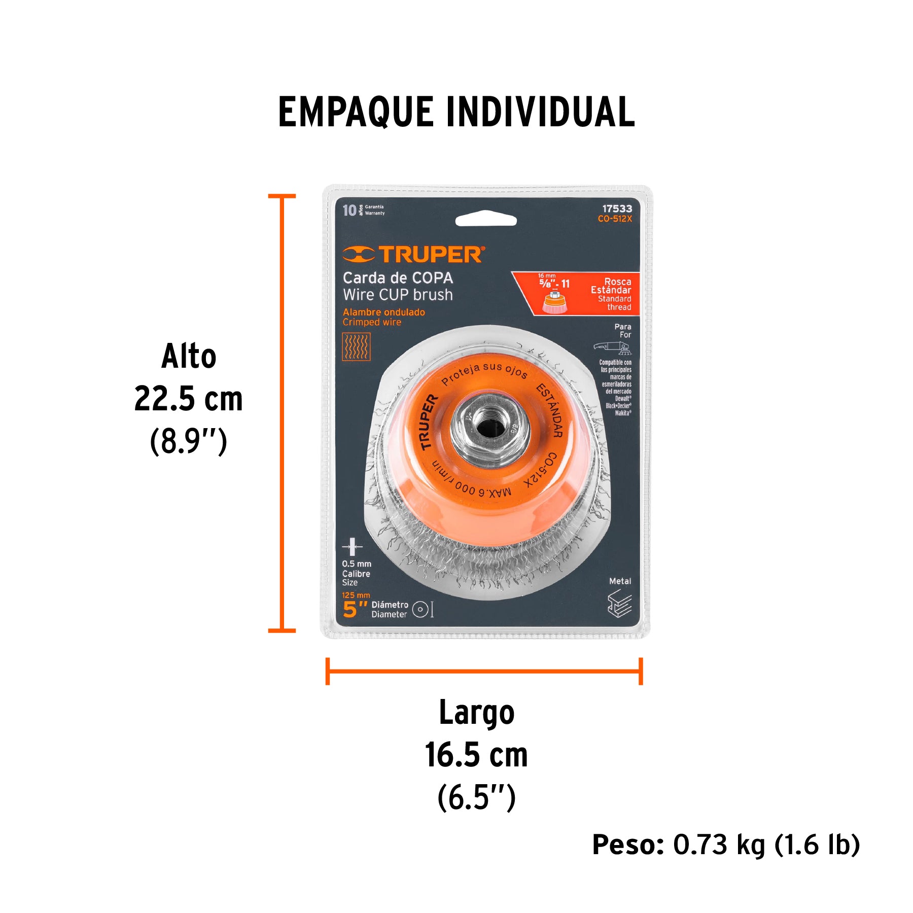 Carda copa 5" alambre ondulado grueso, eje 5/8"-11, TRUPER - Empaque