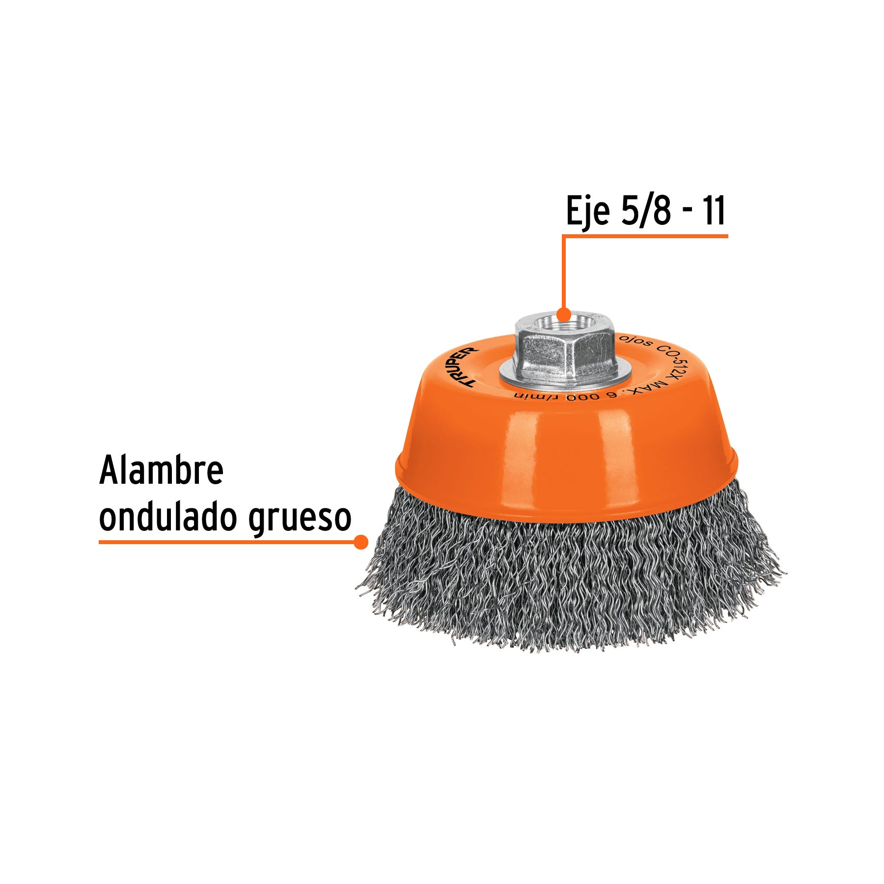 Carda copa 5" alambre ondulado grueso, eje 5/8"-11, TRUPER