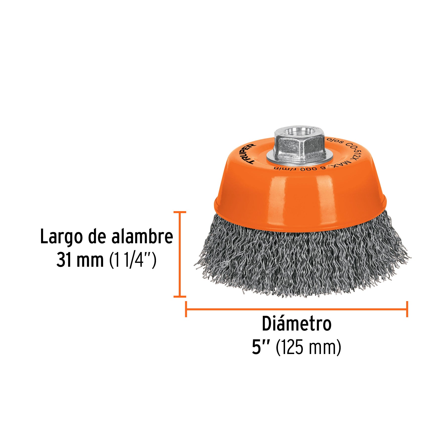 Carda copa 5" alambre ondulado grueso, eje 5/8"-11, TRUPER