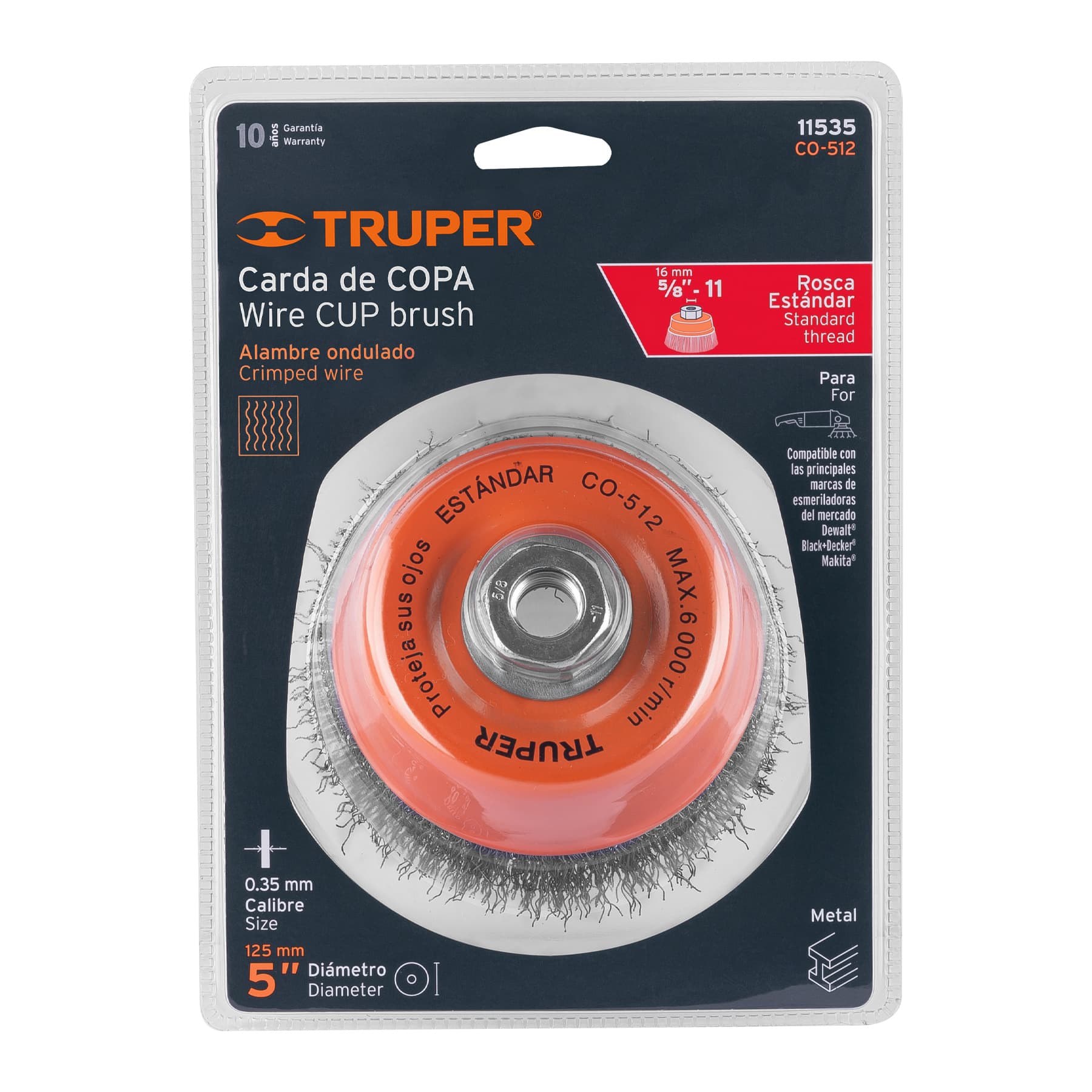 Carda copa 5" alambre ondulado fino, eje 5/8"-11, TRUPER