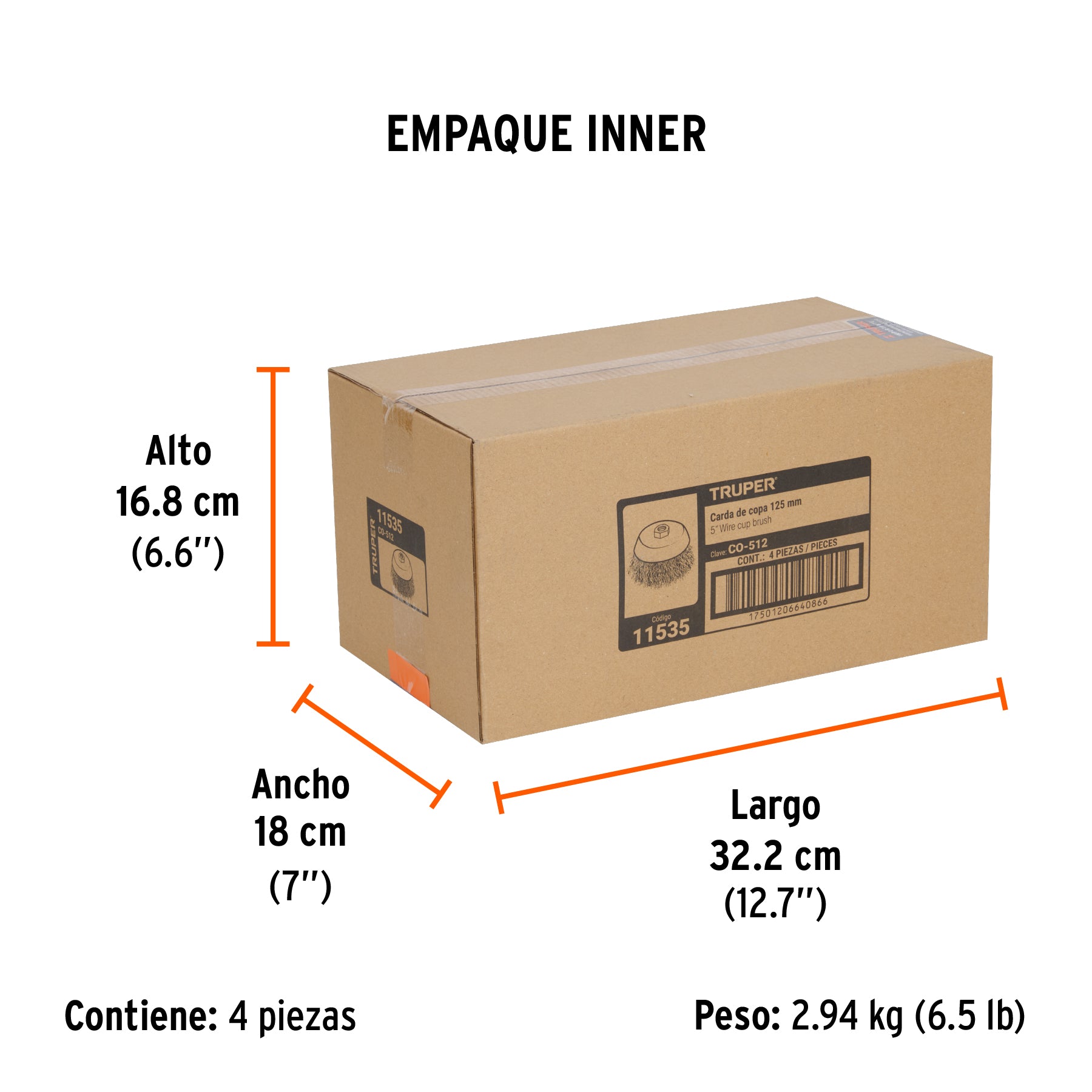 Carda copa 5" alambre ondulado fino, eje 5/8"-11, TRUPER - Empaque