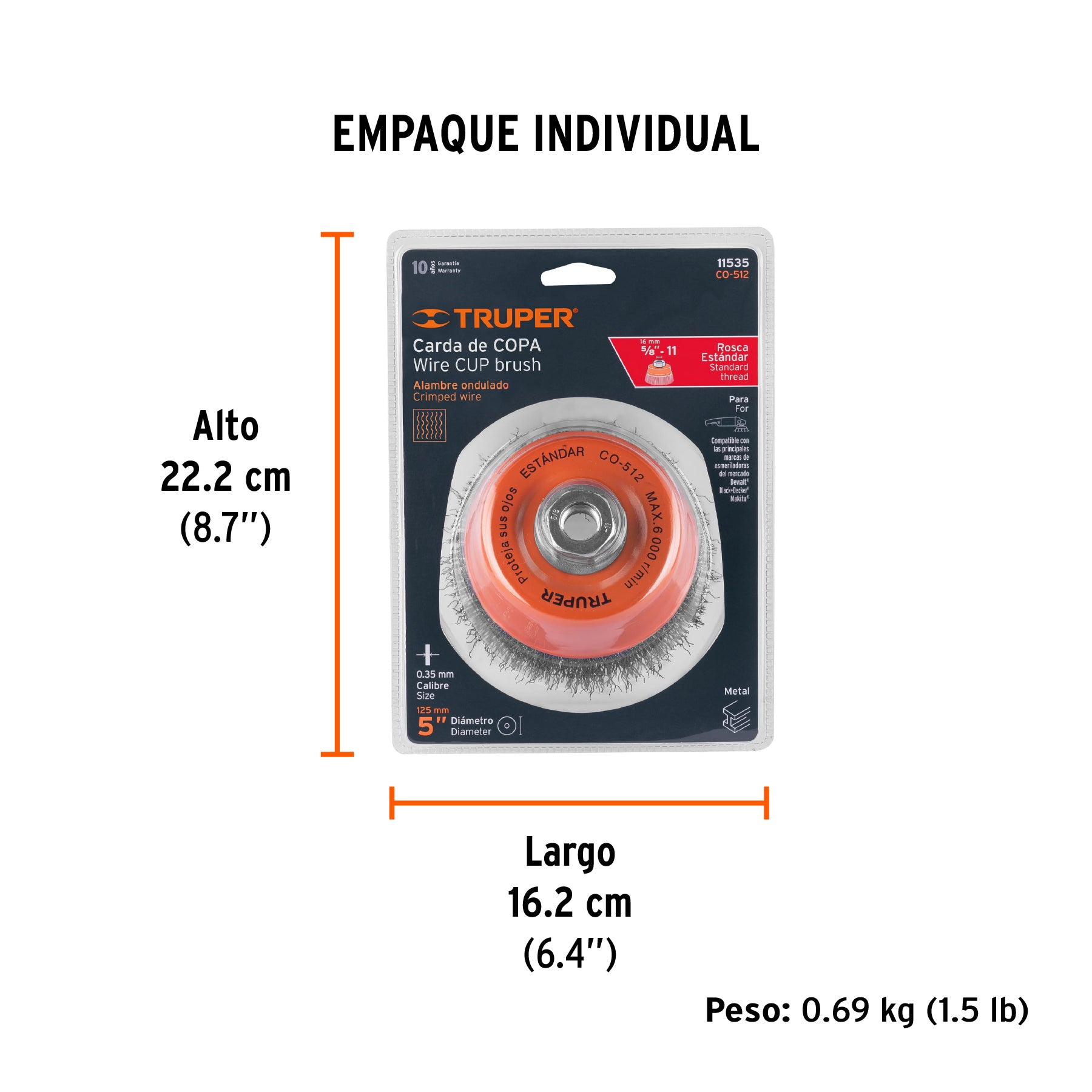 Carda copa 5" alambre ondulado fino, eje 5/8"-11, TRUPER - Empaque