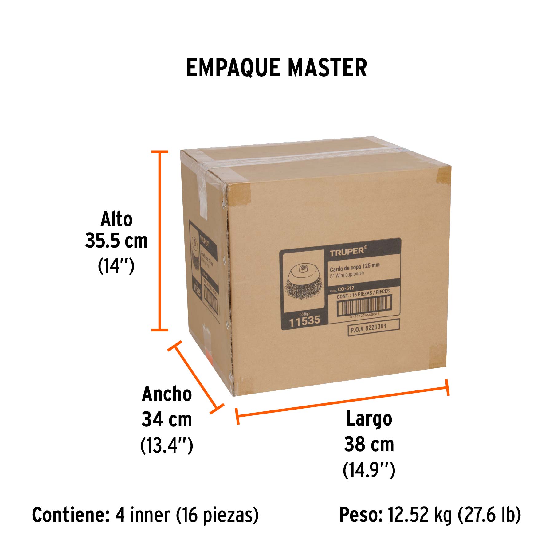 Carda copa 5" alambre ondulado fino, eje 5/8"-11, TRUPER - Empaque