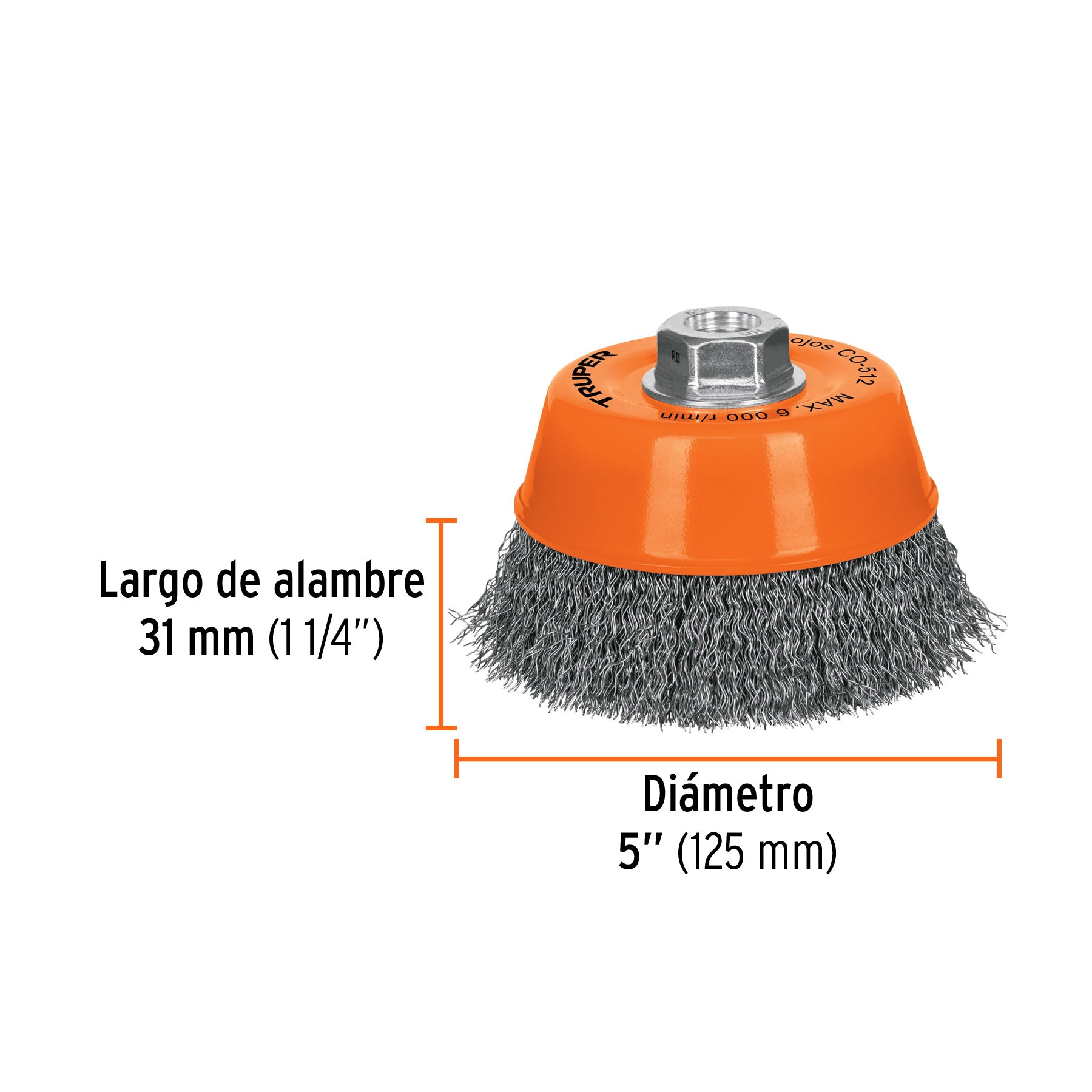 Carda copa 5" alambre ondulado fino, eje 5/8"-11, TRUPER