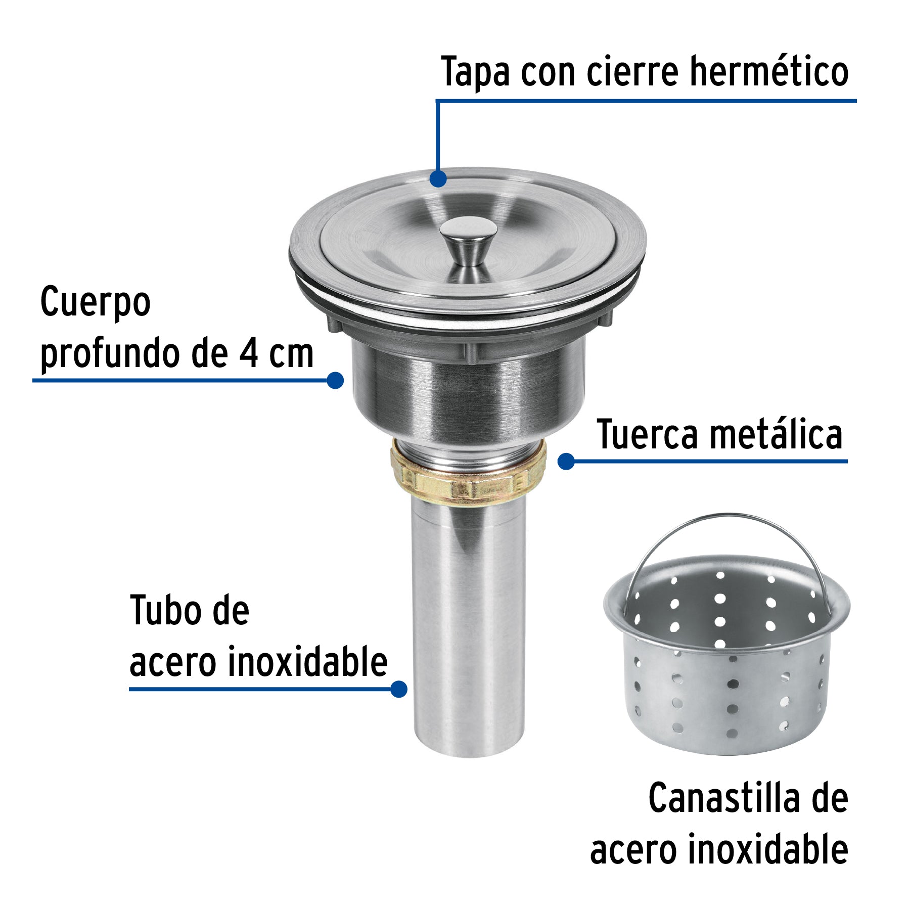 Contracanasta 3-1/2" inox, cuerpo profundo,con tapa, RIVIERA