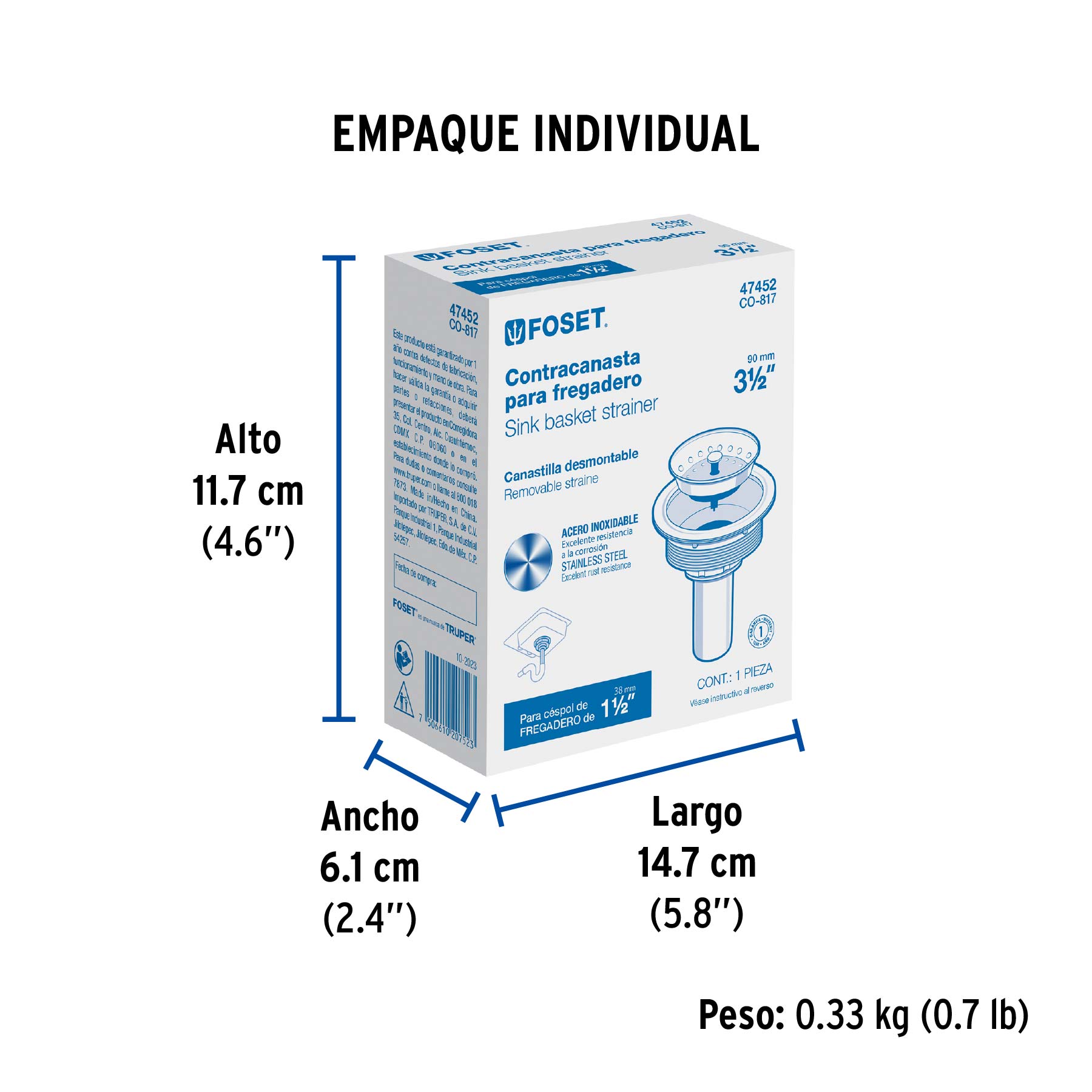 Contracanasta 3-1/2" inox, tubo latón, FOSET - Empaque